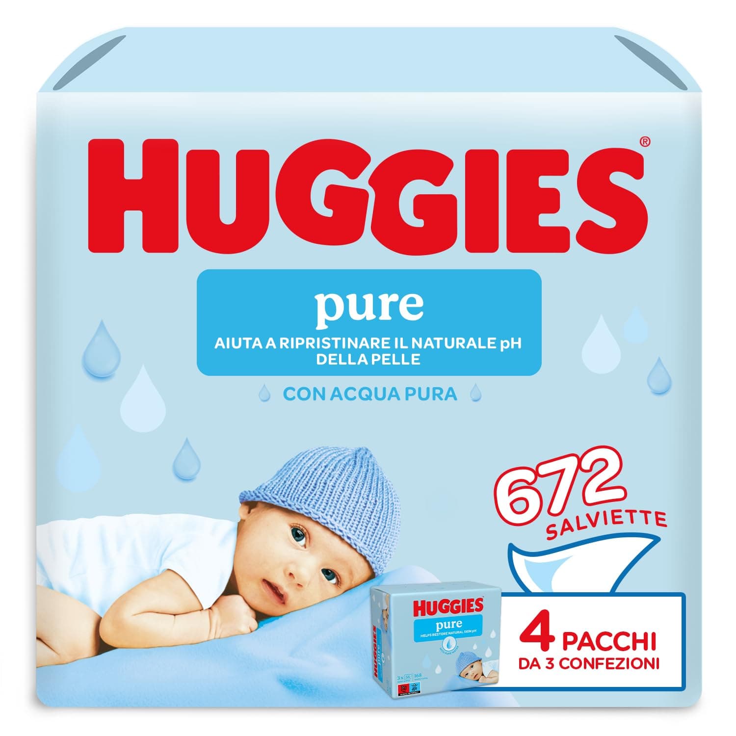 Huggies Pure, Salviette neonato, 99% acqua pura, 65% fibre assorbenti naturali, 672 Pz (12 x 56)