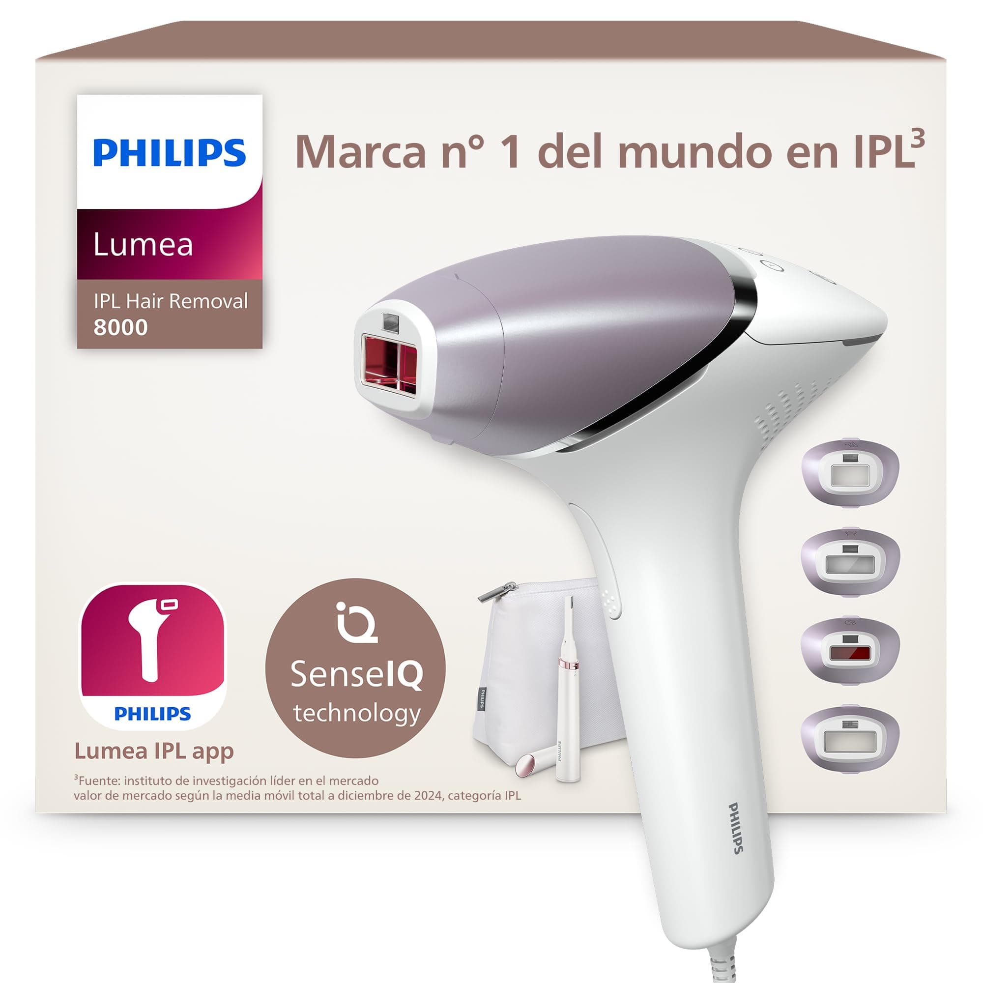 Philips Lumea serie 8000, dispositivo de depilación IPL, alternativa de depilación láser, tecnología SenseIQ, 4 accesorios para el cuerpo, lápiz recortador compacto satén, BRI949/00