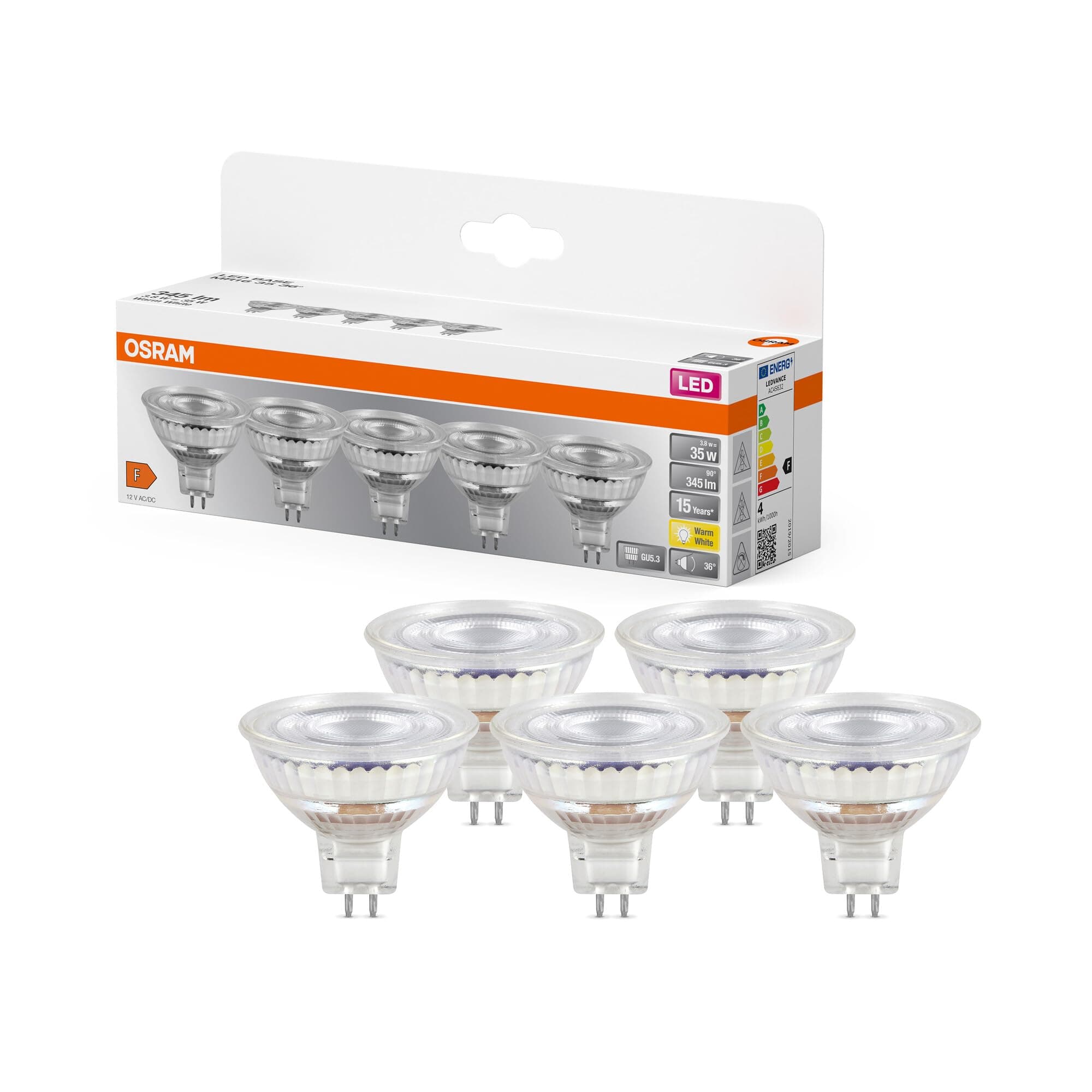 Osram LED BASE MR16, Vorteilspack mit 5 Niedervolt Leuchtmittel, ersetzt herkömmliche 35W Reflektor Glühbirnen, warmweiß (2700K), 3.8W, GU5.3 Sockel, mattes Glas, nicht dimmbar