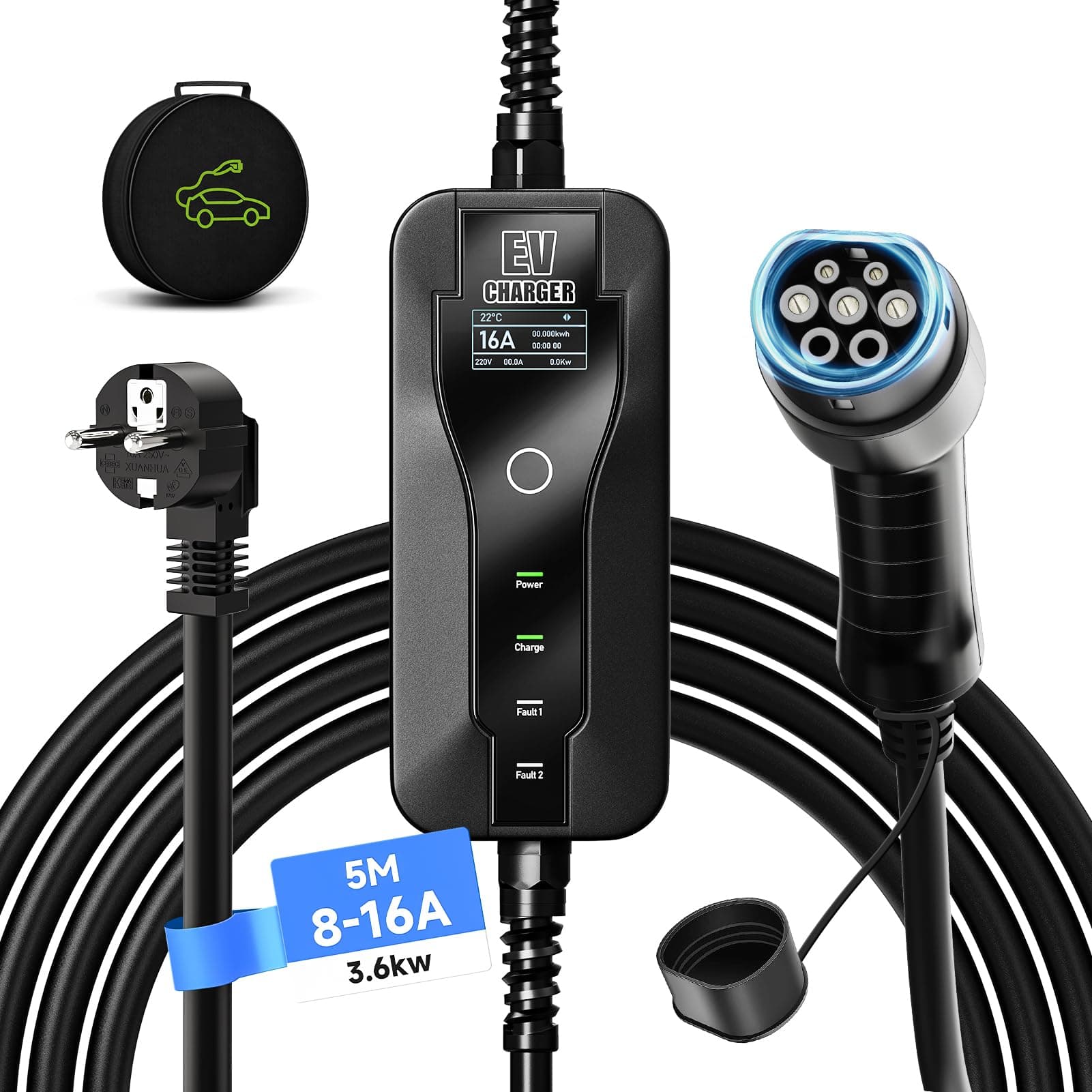 AFYEEV EV Chargeur Type 2, 3.6kW Chargeur Voiture Electrique Courant Commutable 8/10/13/16A, Ecran Numérique Contrôlable, Cable Recharge Voiture Electrique avec Sac, 5M (IEC 62196-2)