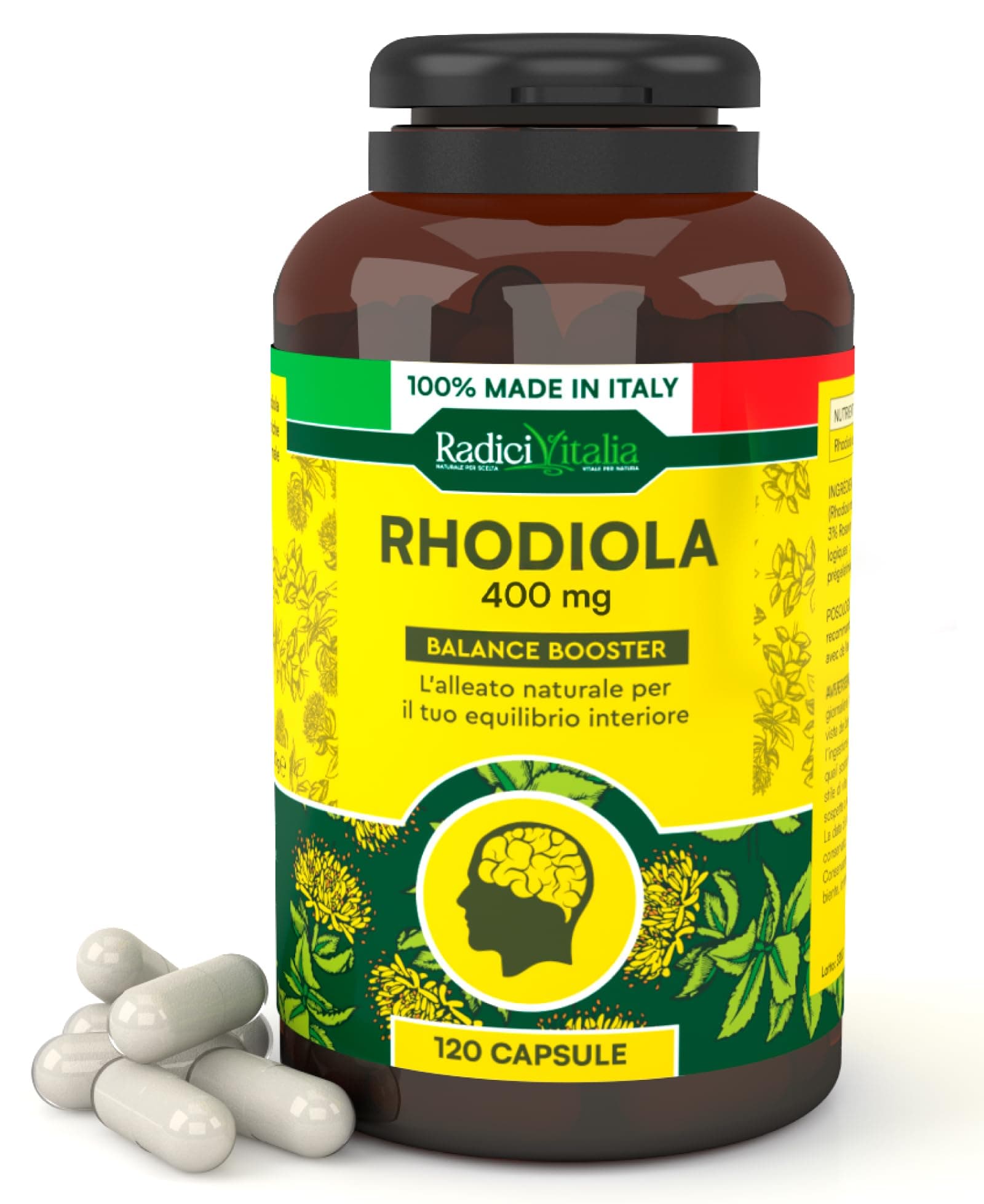 Rhodiola Rosea Integratore Buon Umore Forte Azione Tonico Adattogena 400mg per Stress Quotidiano Benessere Emotivo e Concentrazione RadiciVitalia Made in Italy - Barattolo da 120 Capsule