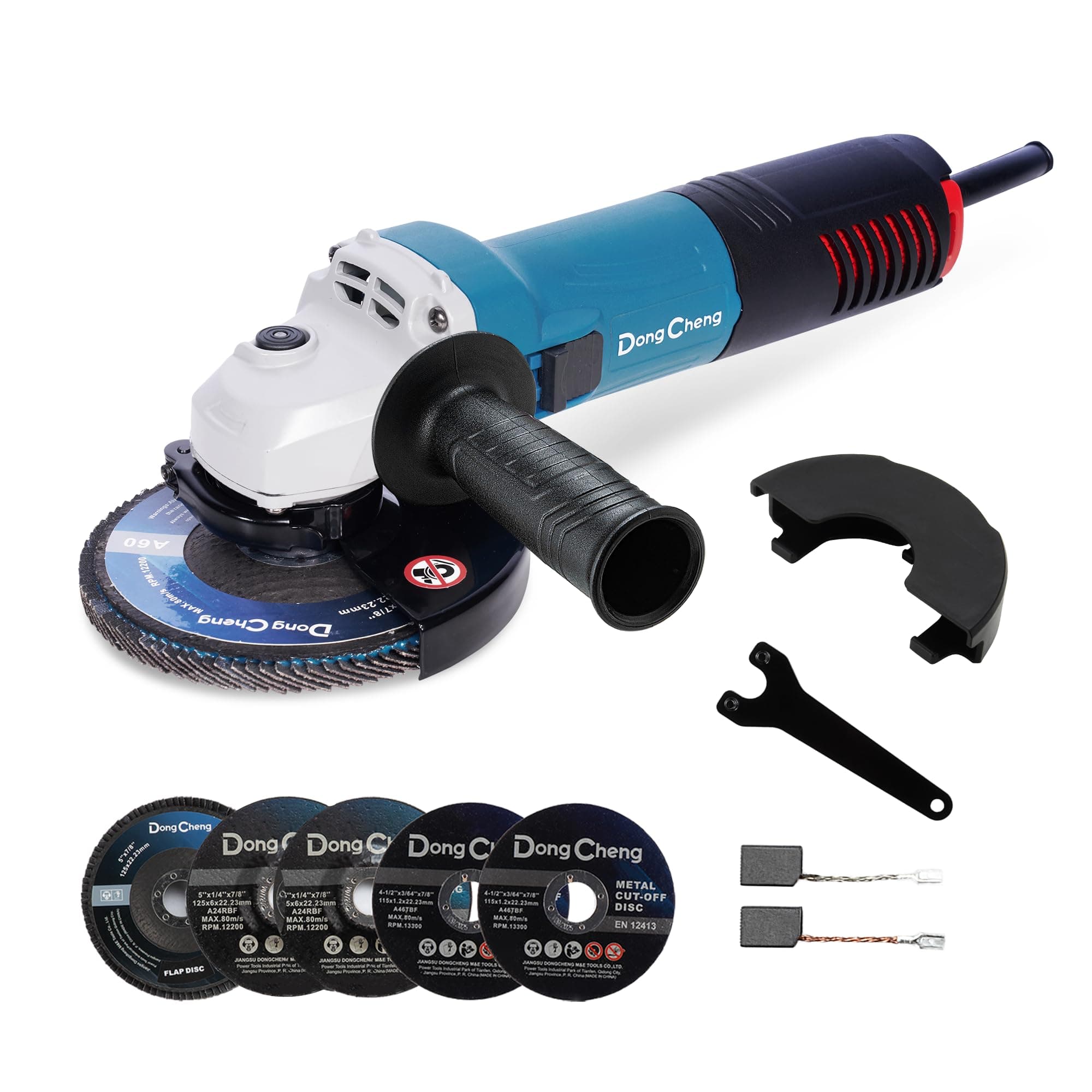 DongCheng Amoladora Angular 800W (125 mm, 11.800 rpm). Con cubierta de cierre rápido, empuñadura auxiliar e incluye 2 discos de desbaste, 2 de copa y 2 de corte. Ideal para pulir, lijar y cortar