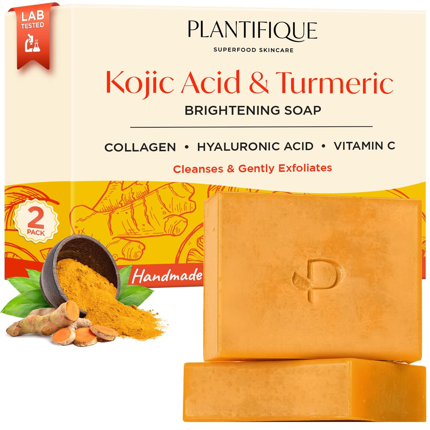 PLANTIFIQUE Turmeric & Kojic Acid Soap | Savon Visage & Corps au Curcuma | Testé en Laboratoire | Skincare Coréenne Anti-Tache | Savon Éclaircissant Peau Noire Rapide Efficace | 2 Barres