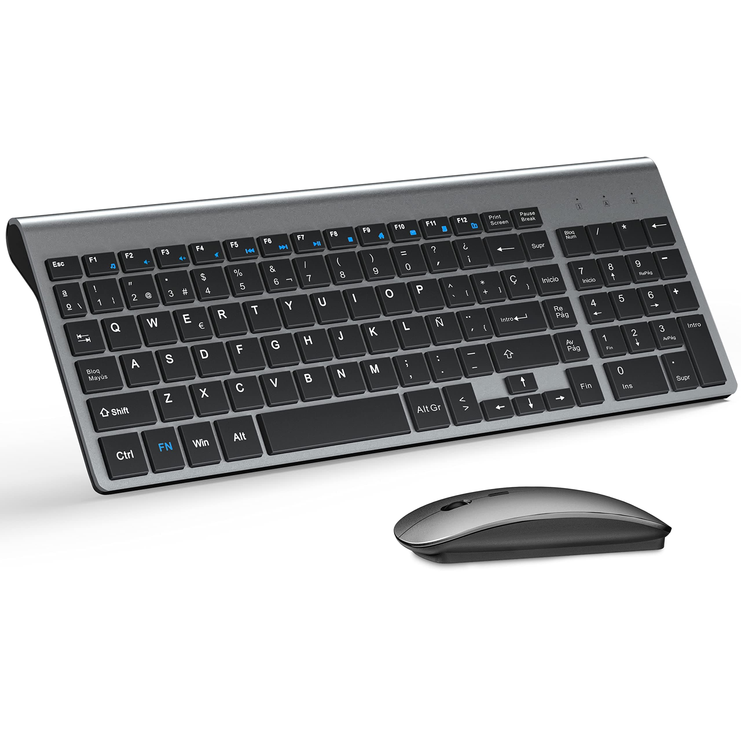 TopMate Pack Teclado y Raton 2400DPI, Inalámbricos Ultra Delgado, 2.4G Compacto Silencioso Teclado de Tamaño Completo con Cubierta, 2 Pilas AA y AAA, para PC/Laptop/Windows-Gris Negro