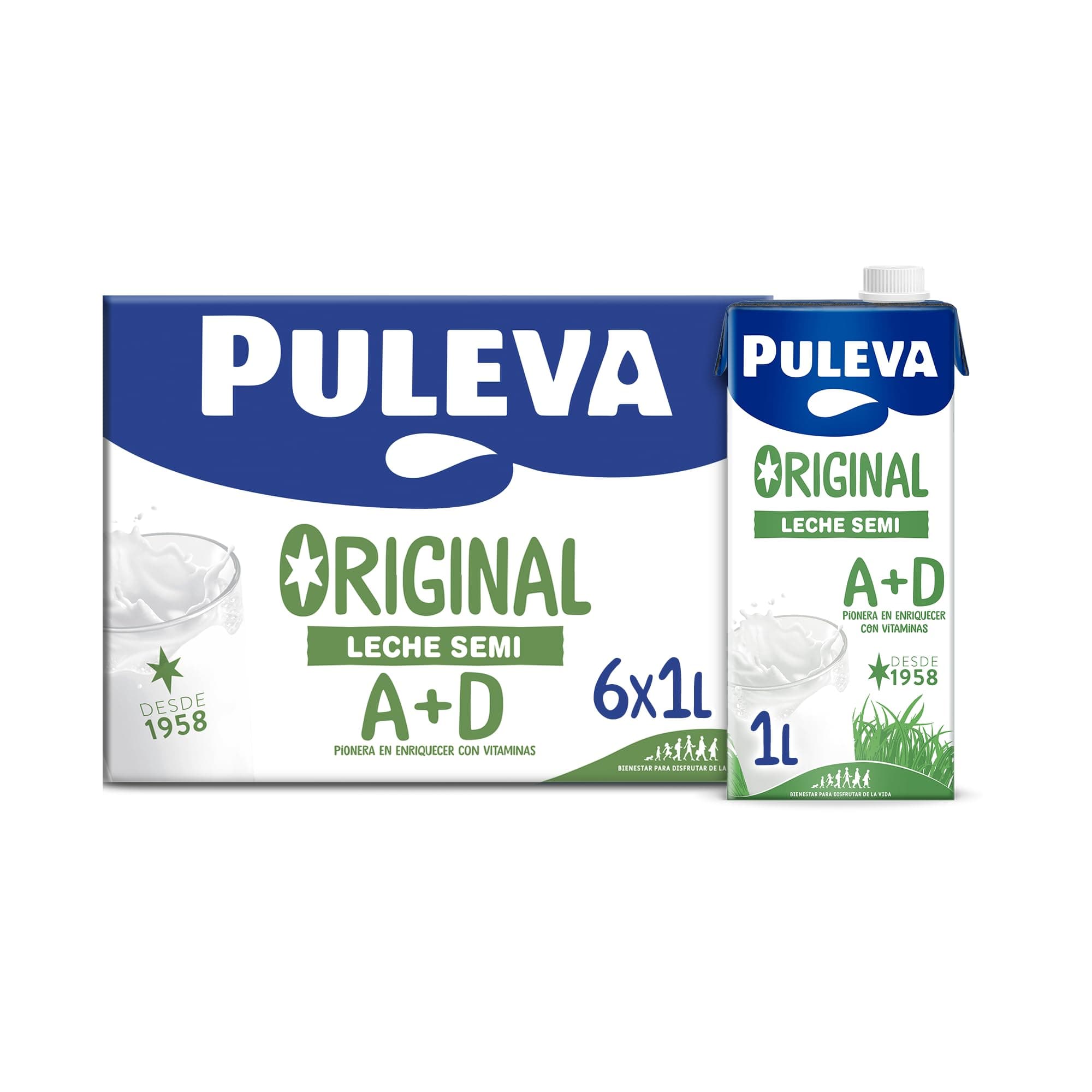 Puleva Original - Leche Semidesnatada con Vitaminas A y D - Sin Azúcar Añadido y Sin Gluten - Brik UHT Pack 6 x 1L
