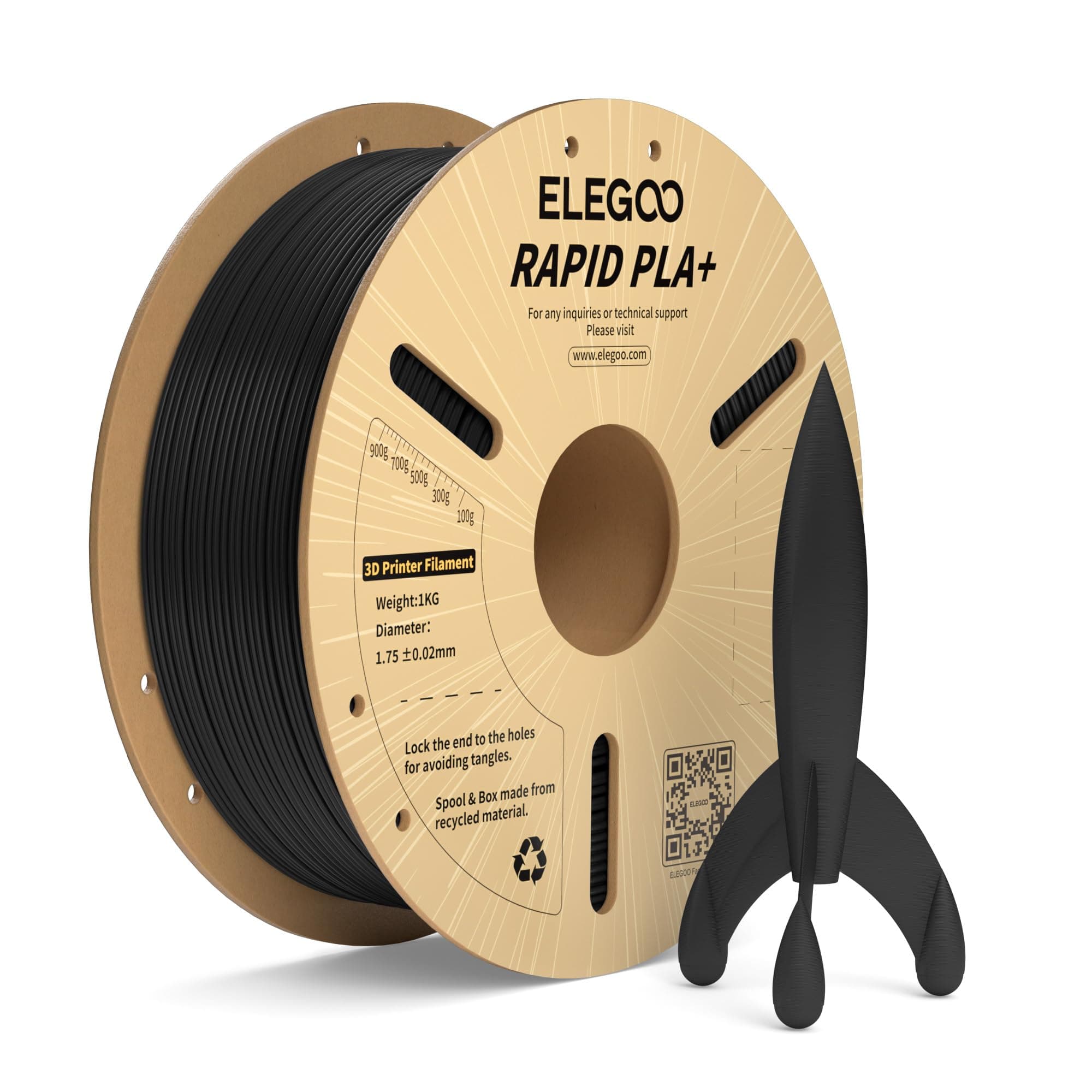 ELEGOO Filamento PLA+ de Alta Velocidad 1.75 1KG Negro, 30-600mm/s Filamento PLA Plus Rápido para Impresora 3D, Precisión Dimensional +/- 0.02mm, Carrete Filamento 3D, para Mayoría Impresoras 3D