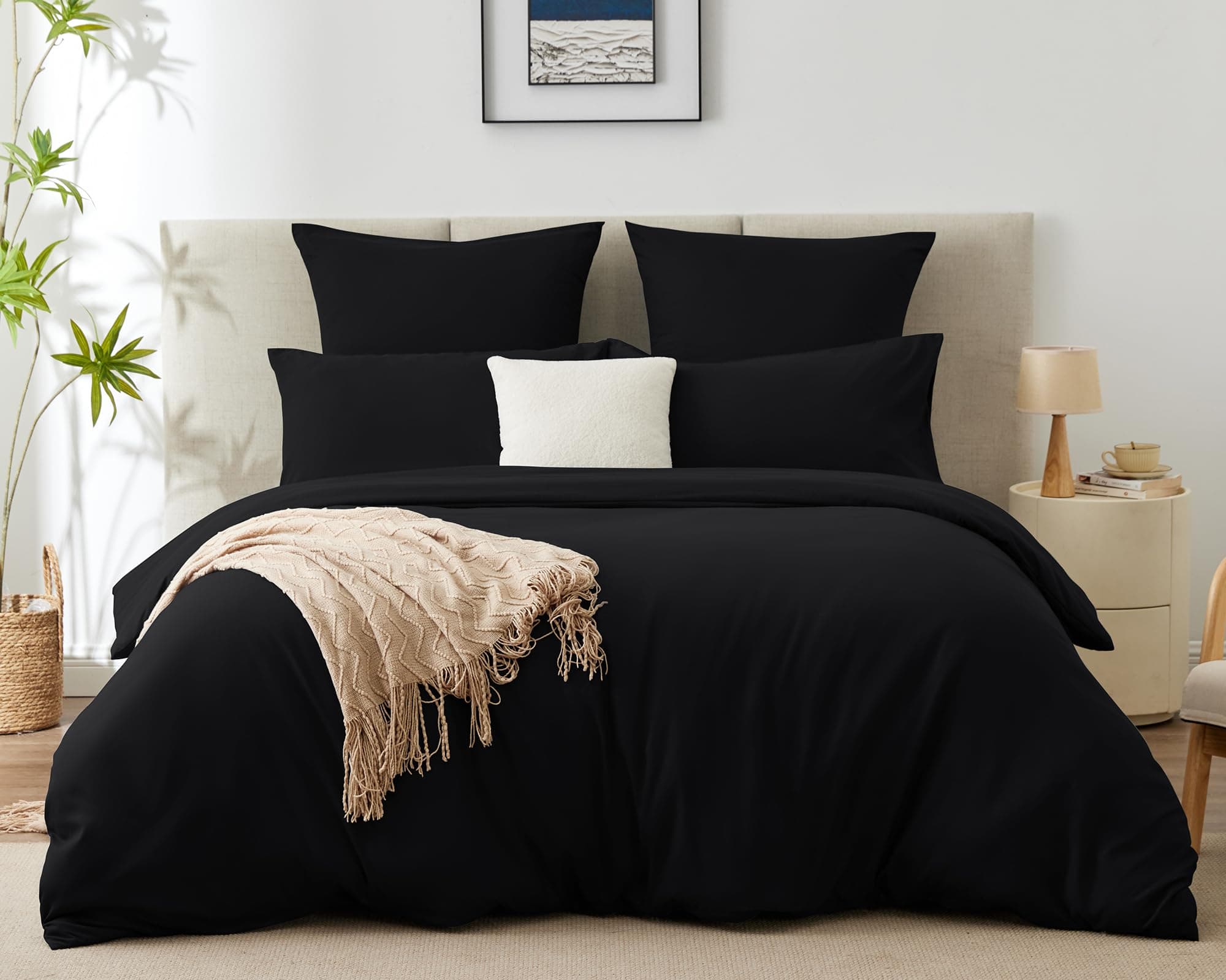 WAVVE Parure de Lit 220x240 Adulte avec 2 Taies d'oreiller 65x65 cm，Parure de Lit 2 Personnes pour lit 180x200 avec Fermeture Éclair Sets de Housse Couette en Microfibre, Noir 220 x 240 240x220