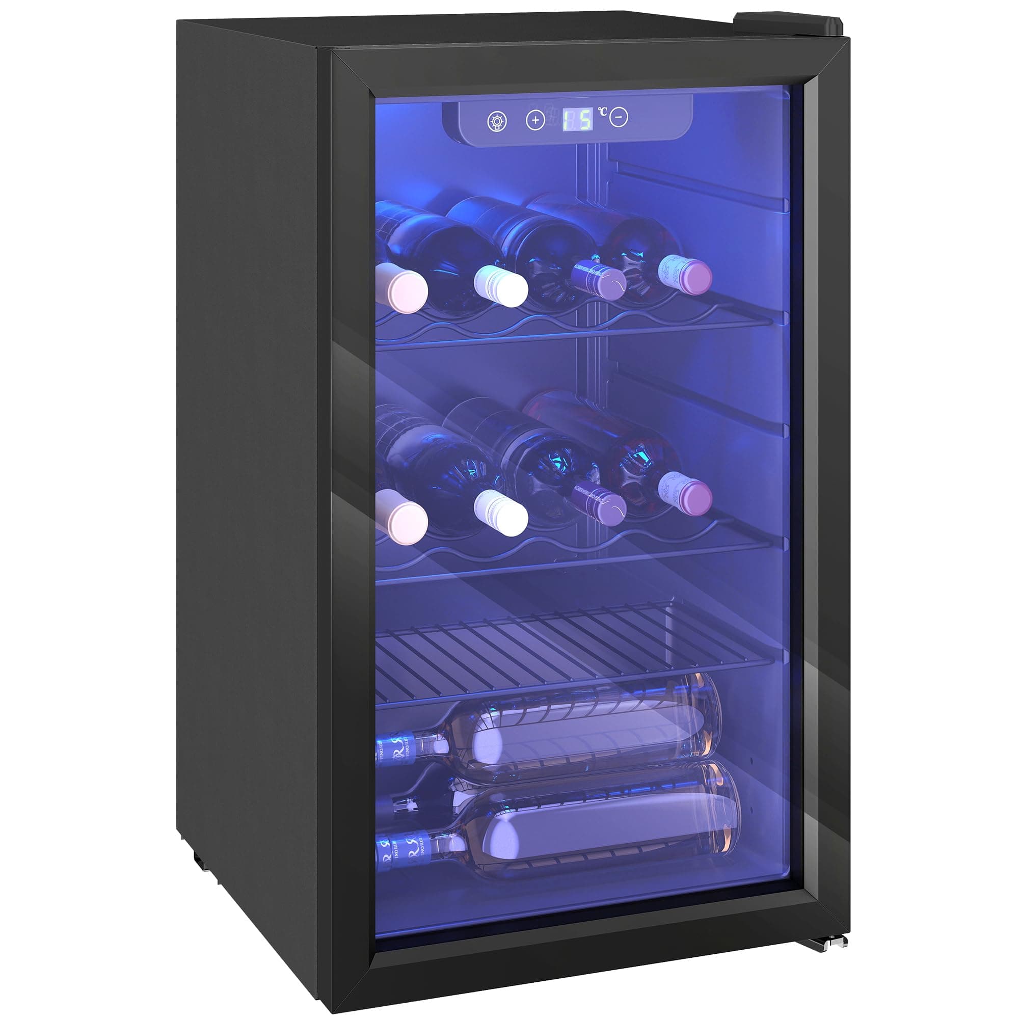 HOMCOM Cave à vin 24 bouteilles 68L, réfrigérateur à vin et boissons avec température réglable 4-16 °C, porte réversible en verre trempé double, éclairage LED, écran tactile et étagère amovible, noir