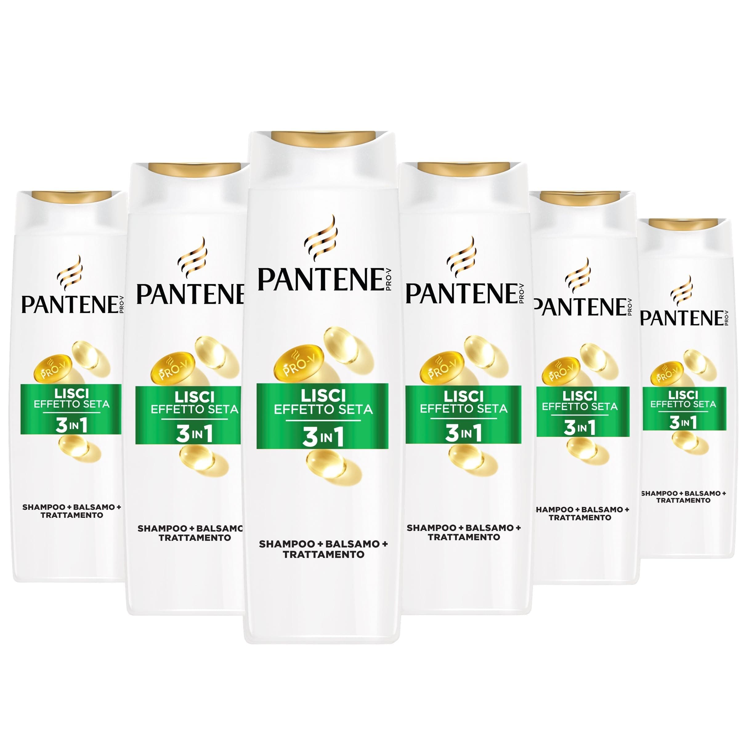 Pantene Pro-V Lisci Effetto Seta Shampoo 3 in 1 per Capelli Crespi e Opachi, Deterge, Districa e Cura i Capelli allo Stesso Tempo, Confezione da 6x300 ml