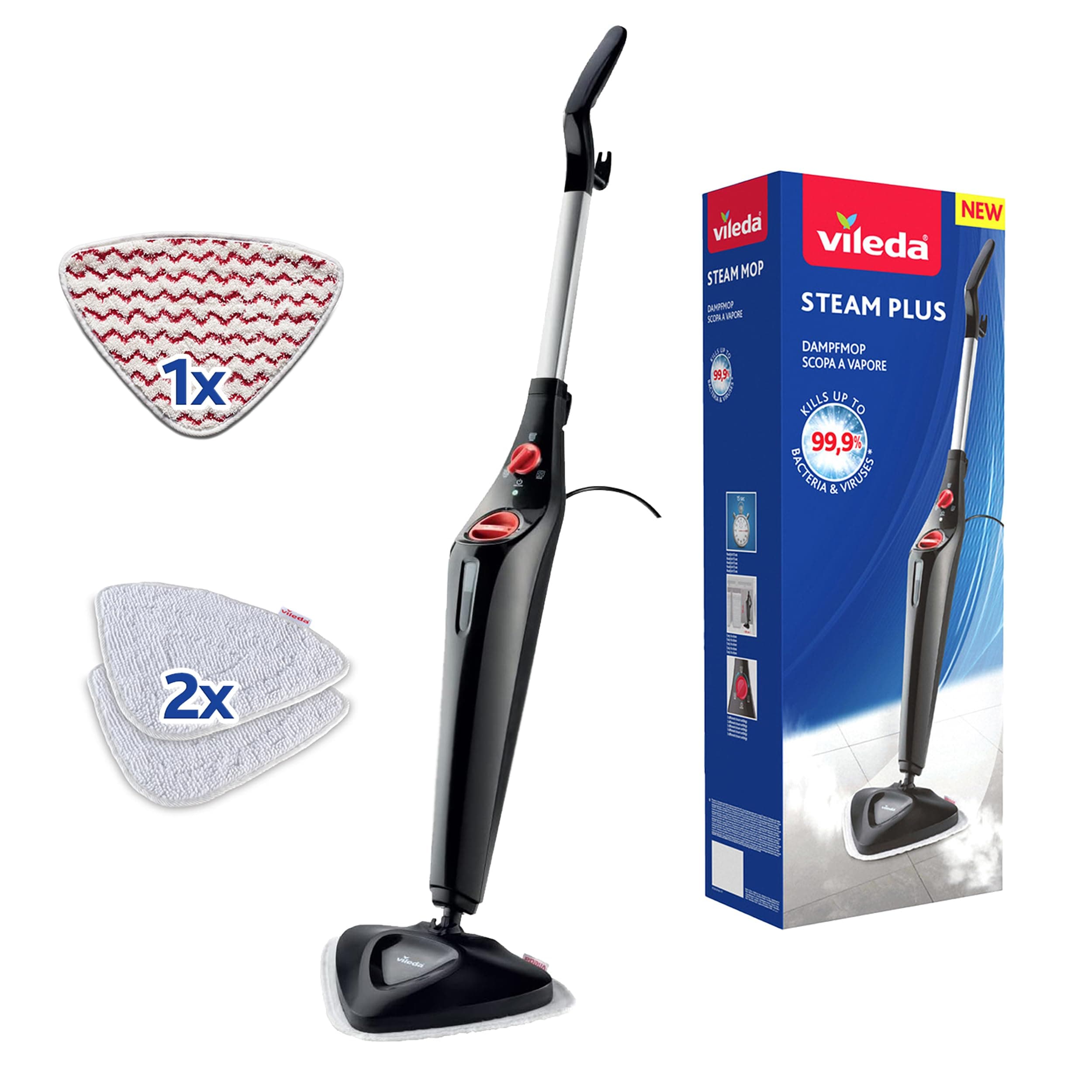 Vileda Steam Plus Edition Triangulaire avec Power Pad, balai vapeur, performance de nettoyage hygiénique sans utilisation de produits chimiques, pour tous les sols durs et les moquettes