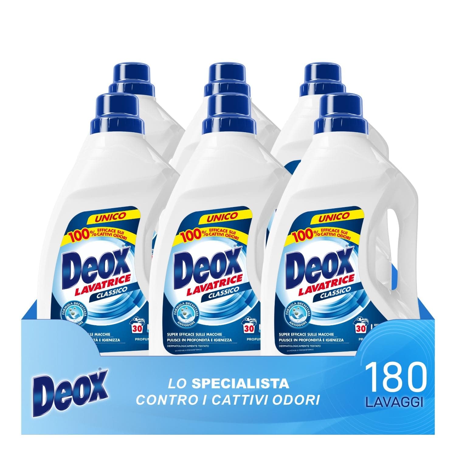 Deox - Detersivo Lavatrice Liquido Classico, 180 Lavaggi, Smacchia e Igienizza, con Formula Antiodore, 1500ml x 6 Confezioni