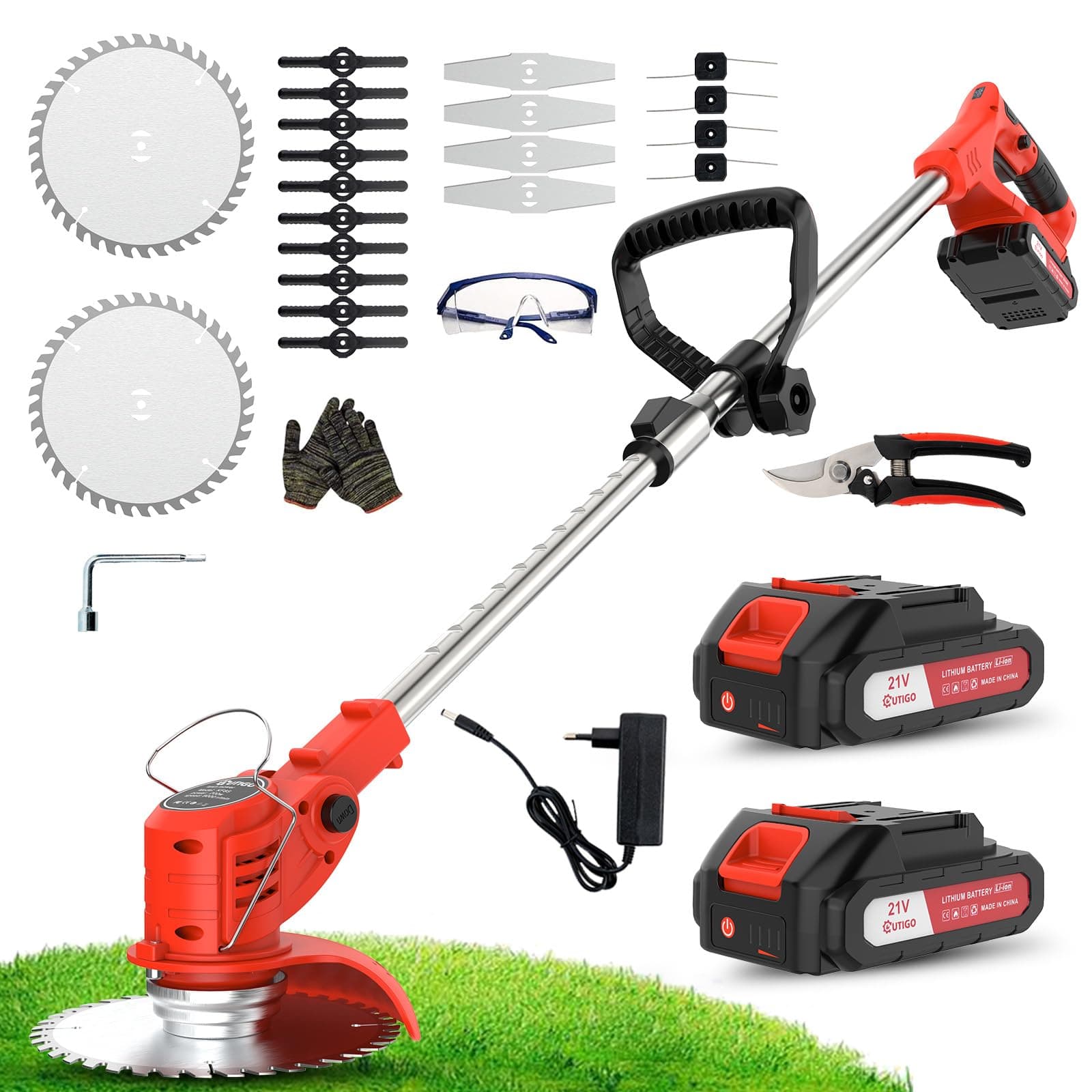 OUTIGO Cortadora de césped eléctrica inalámbrica, desbrozadora inalámbrica con 2 baterías y 4 Cuchillas, Recortar Malas Hierbas, césped Exterior y Ramas pequeñas, Decespugliatore Elettrico