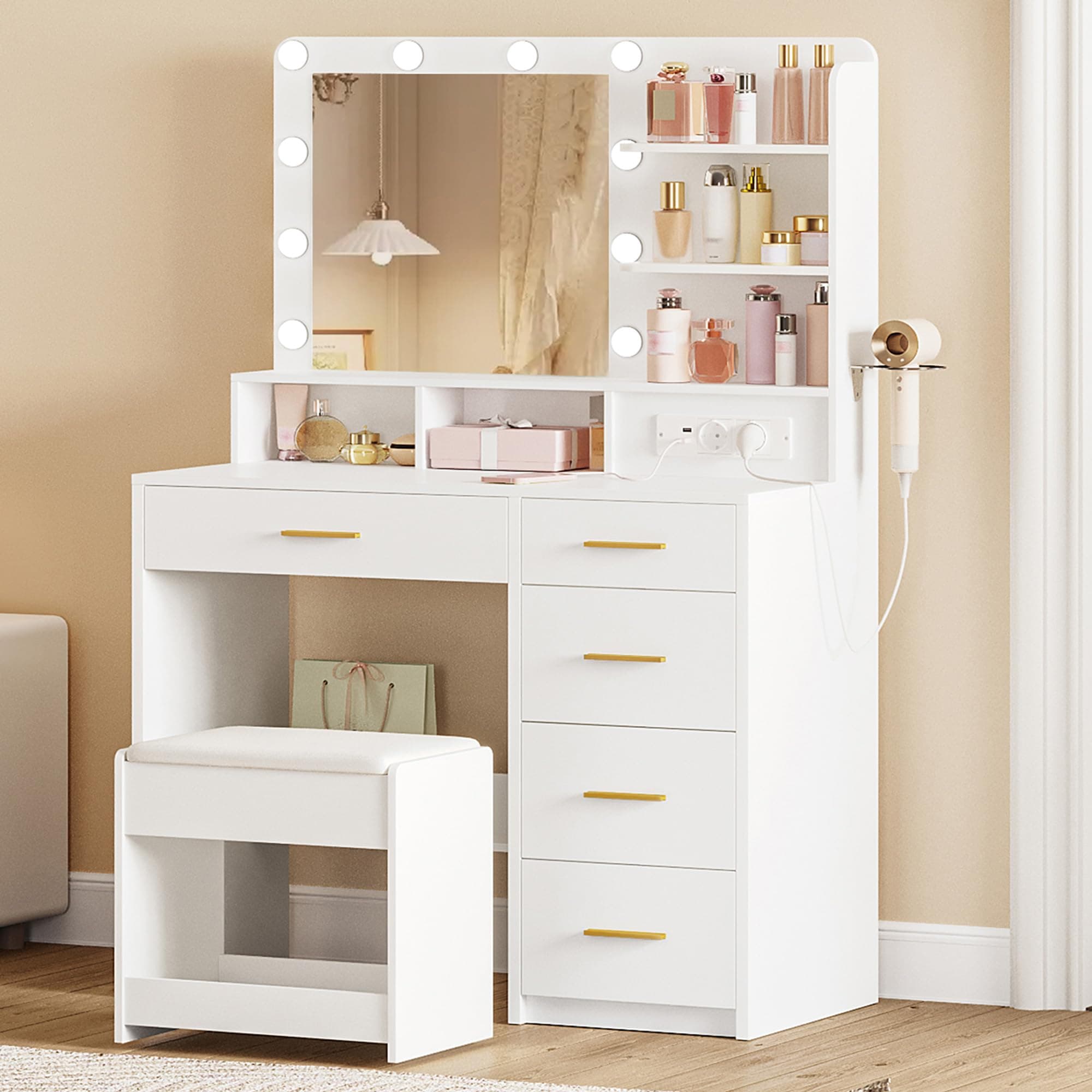 Hzuaneri Coiffeuse avec 10 Globes Lumineux LED, 3 Couleurs, Coiffeuse avec Prise Et Grand Miroir, Tabouret Et Support pour Sèche-Cheveux, Tiroirs Multiples, Blanc DT39003X