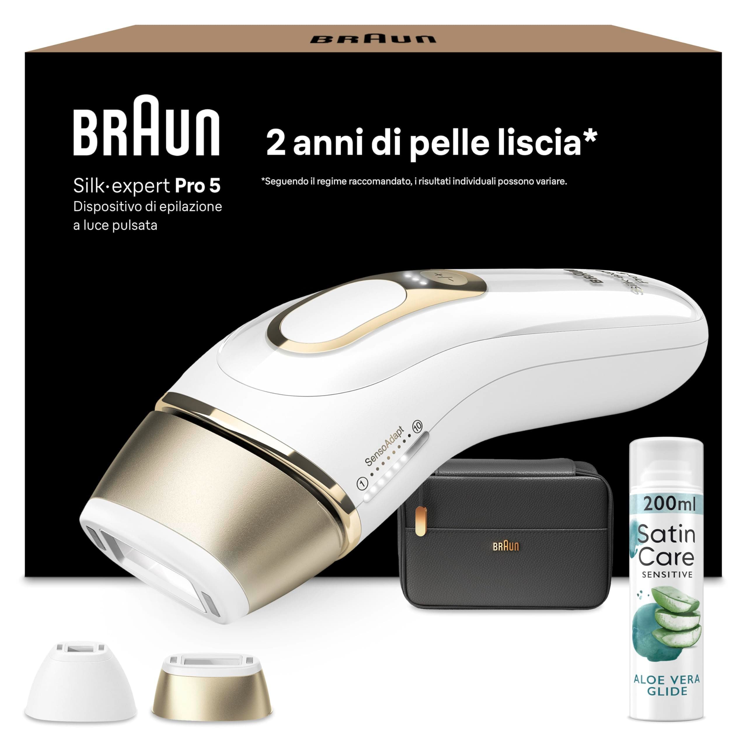 Braun Silk·expert Pro 5 Epilatore Luce Pulsata, Epilazione A Casa, Alternativa All’Epilazione Laser, Con Custodia, 2 Testine, Idea Regalo, Bianco/Oro, PL5140 e Satin Care Gel Per Depilazione Aloe Vera