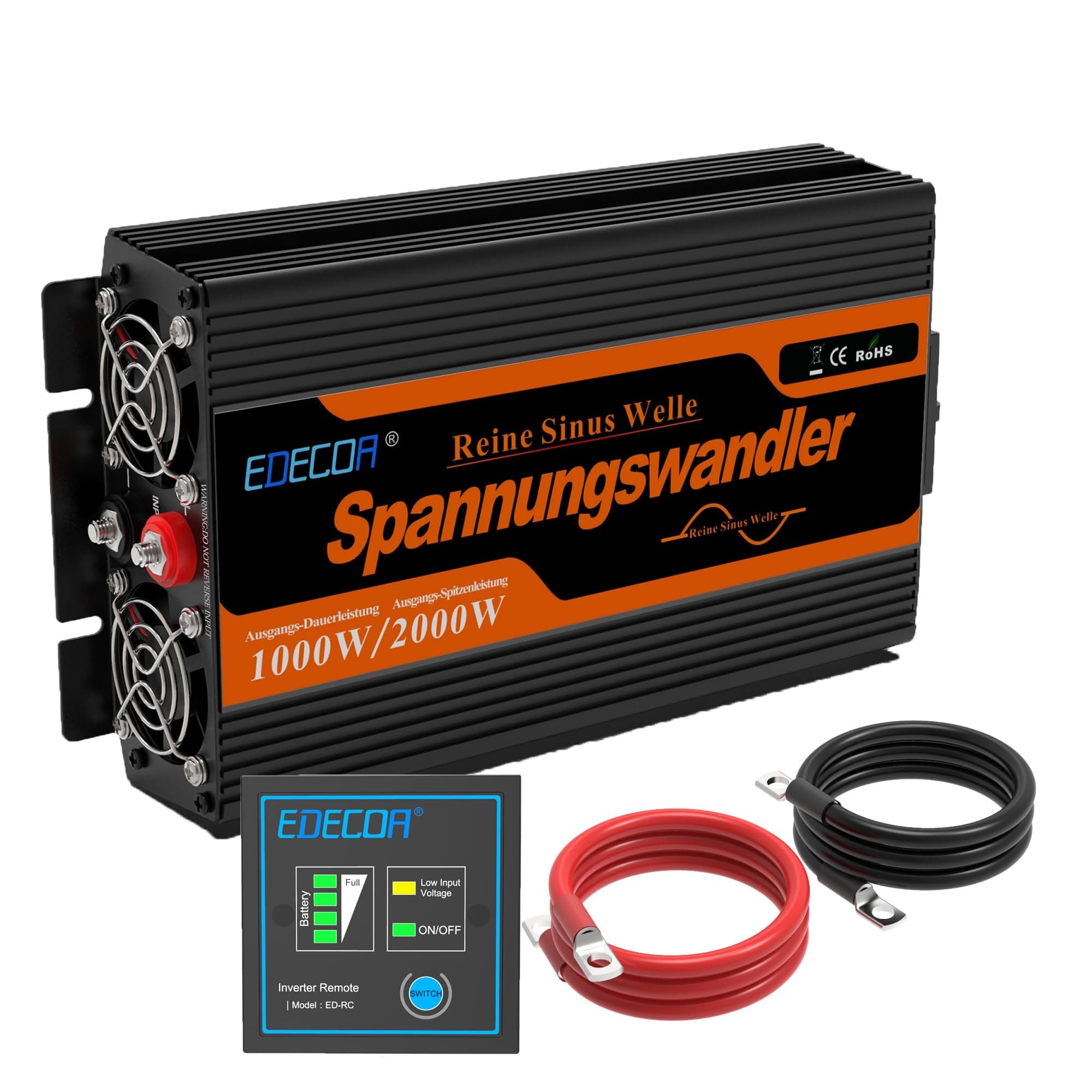 EDECOA Inversor 12v 220v Onda Pura 1000w convertidor de Corriente Transformador energia con Mando 2X USB con Sistema de Aislamiento galvanico (3a generacion)