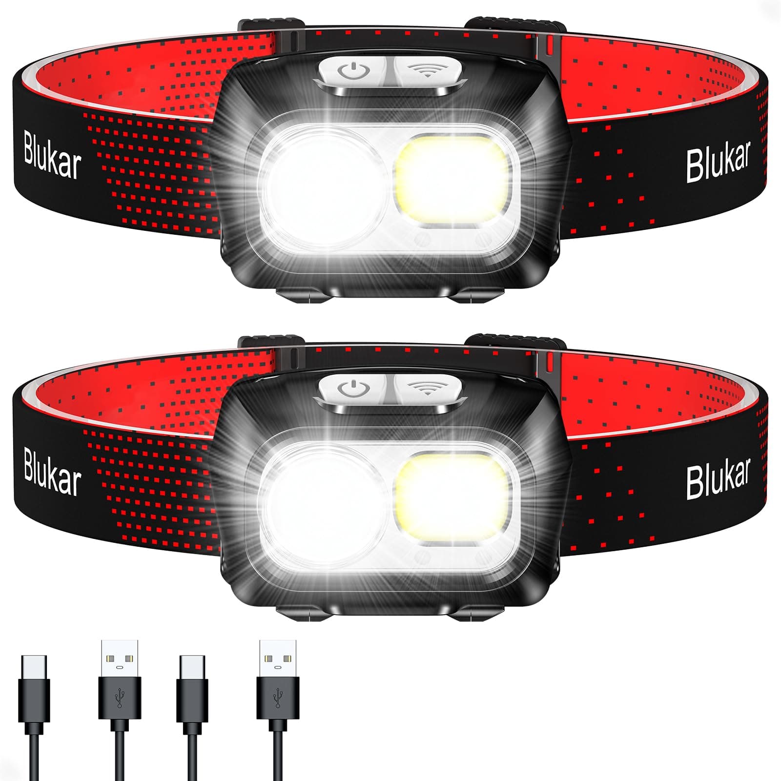 Blukar Linterna Frontal,[2 Piezas] Superbrillantes Linterna Cabeza LED Recargables con Sensor de Movimiento y Ajustable Ángulo, 8 Modos (con Luz Roja) para Camping, Correr, Bicicleta etc-Negro