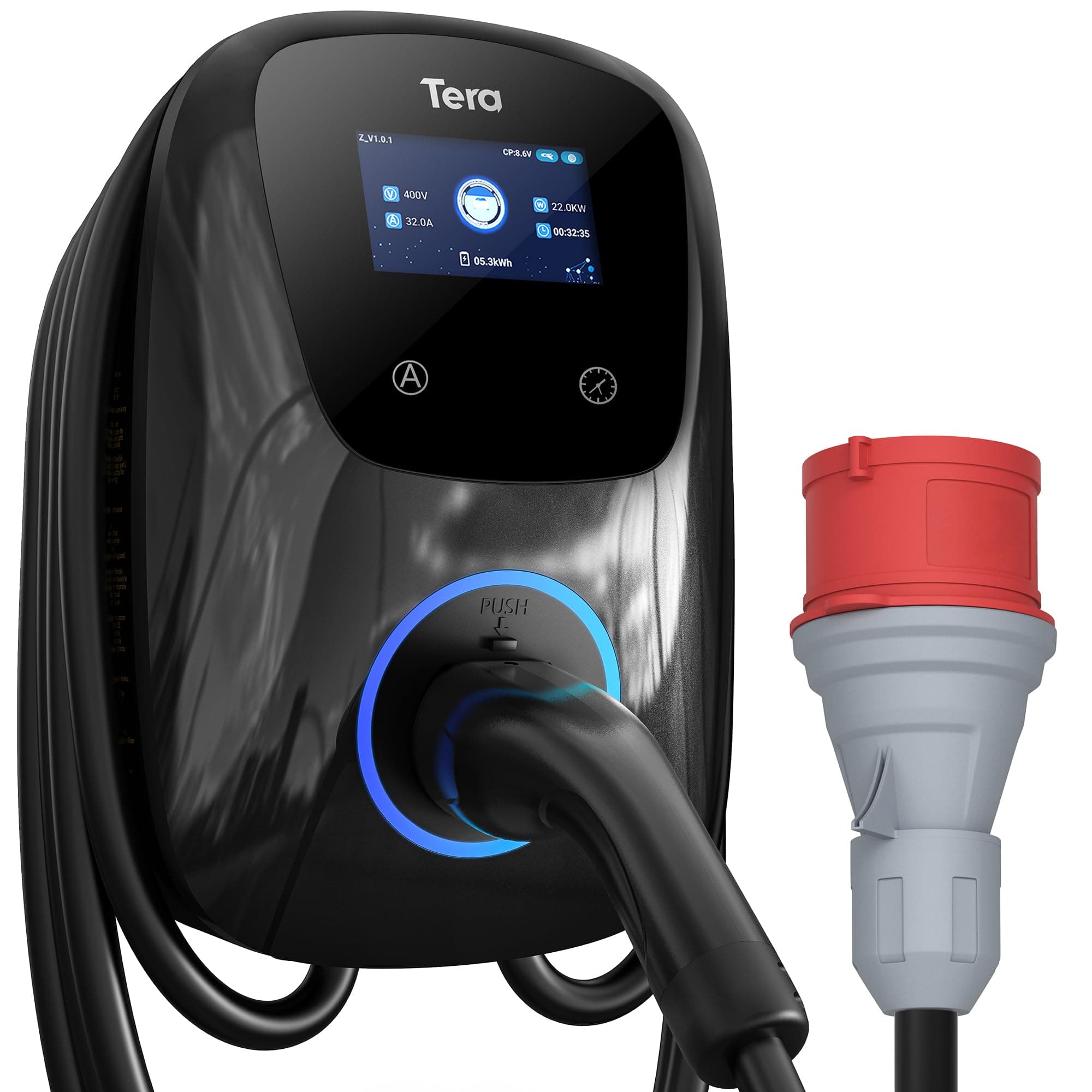 Tera EV Caricabatterie con Smart App 32A Tipo 2 11KW o 22kW 400V CE e TUV Wallbox Cavo di Ricarica 7 Metri Staffa Caricabatterie Controllo Applicazione&Spina trifase CEE - Nero W01