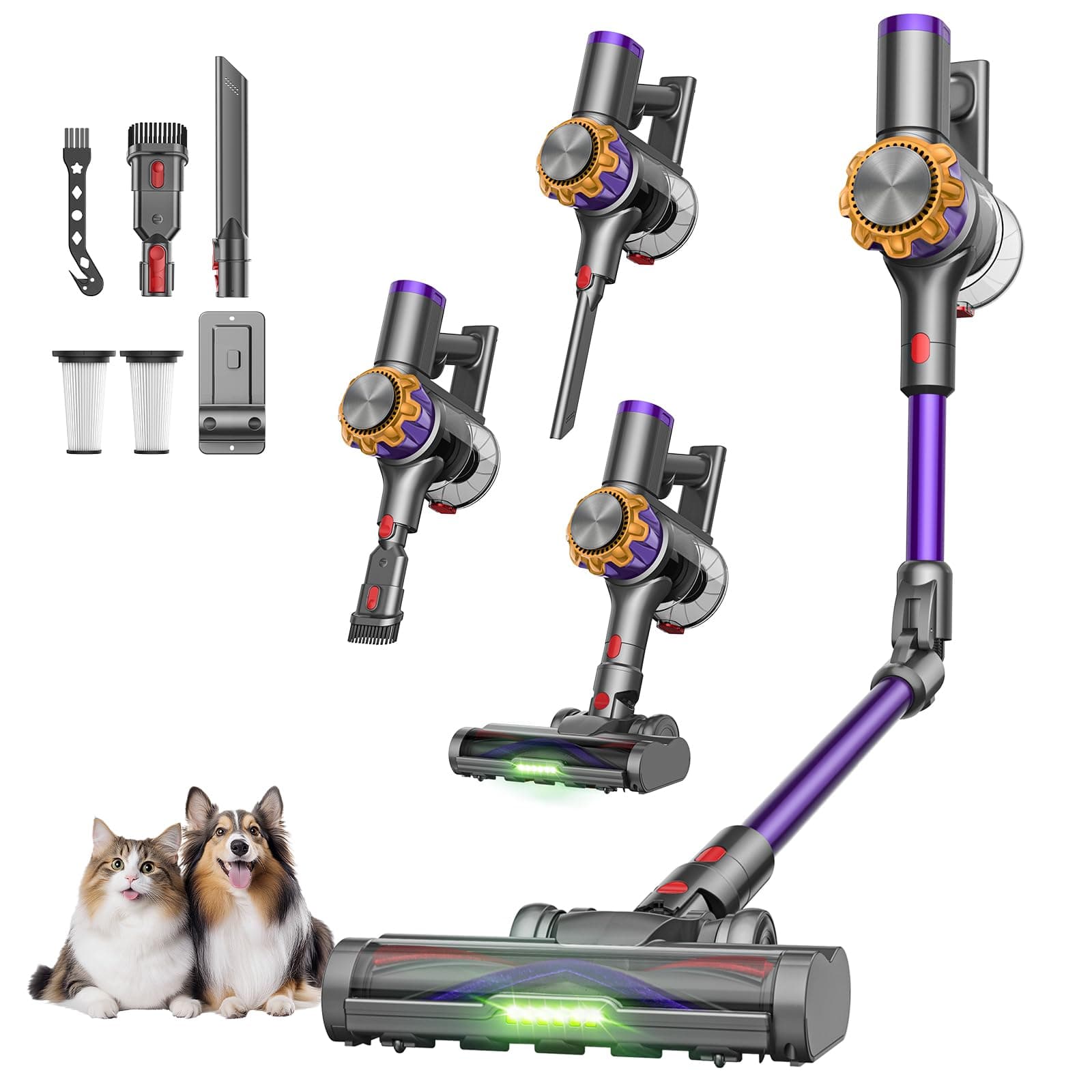 DyMona V18Pro Aspiradora sin Cable con Brazo Flexible 50kPa/450W | 1.4KG Ultraligera 60dB Silenciosa, Cepillo Antienredos 0 mm, 7 en 1 Aspirador Escoba Potente para Pelo de Mascotas, Alfombras