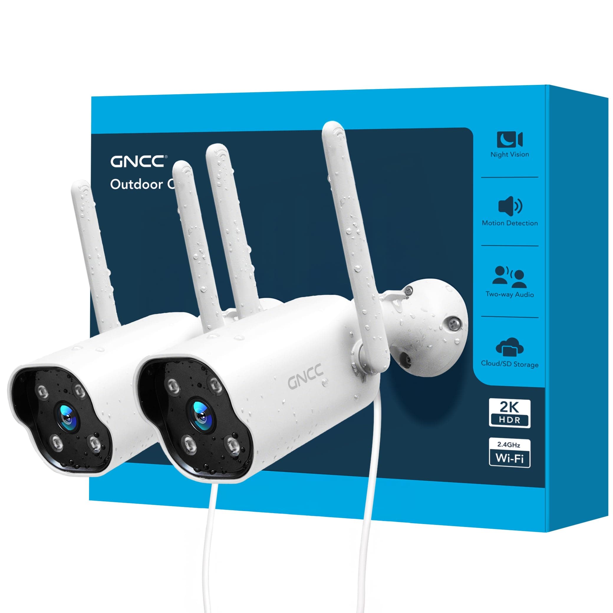 GNCC Cámara Vigilancia WiFi Exterior 2K GT1PRO, Kit 2 Unidades, Fija, IP65, Solo WiFi a 2,4 GHz, Detección Movimiento, Audio Bidireccional, 24/7, Sirena, Se Requiere Suscripción a la Nube, Enchufe
