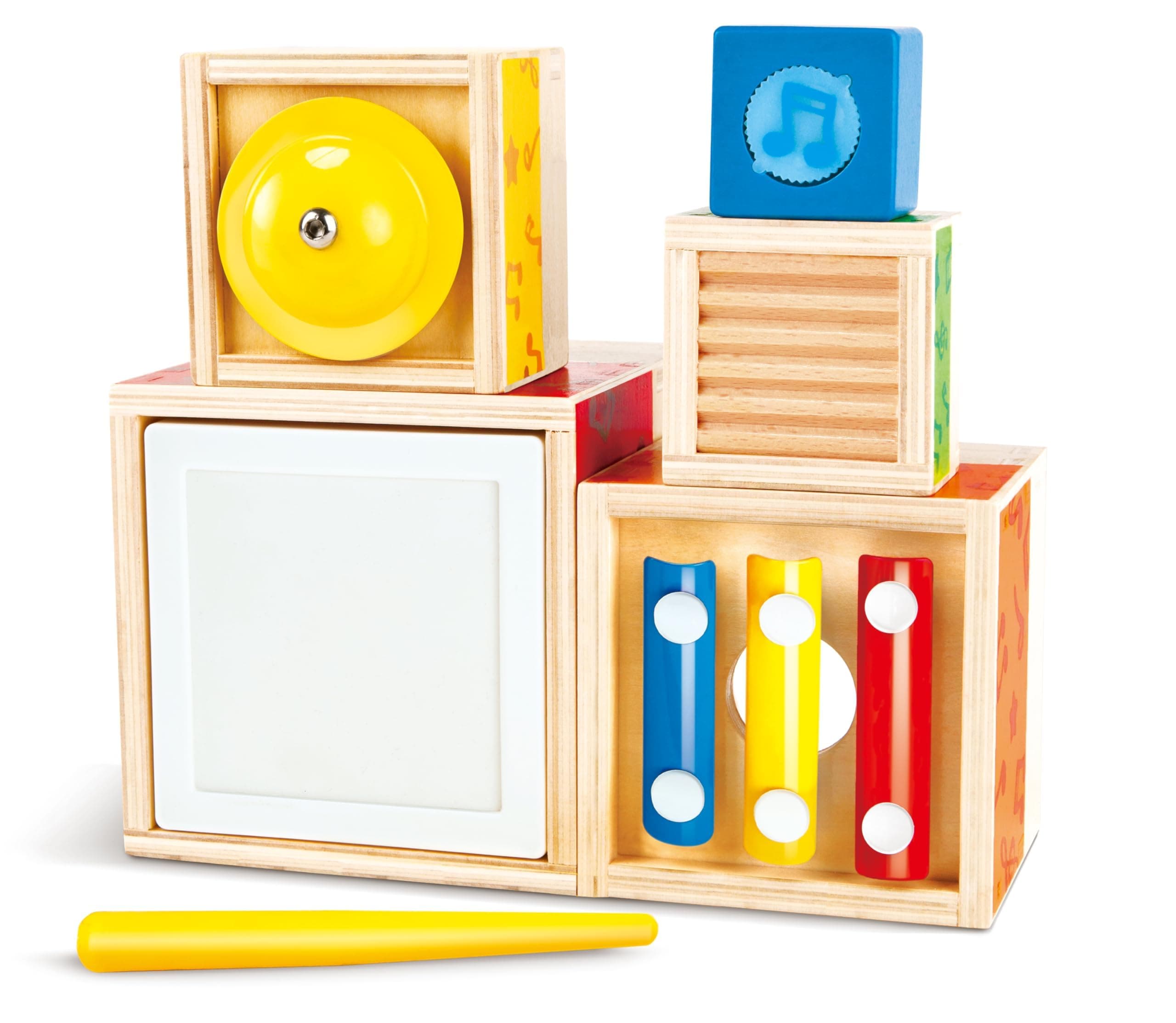 Hape Sechsteiliger Musik-Stapelwürfel - Musikspielzeug mit 5 musikalischen Klötzen (Trommel, Xylophon, Rassel, Kratzbrett, Mini-Gong) – Holz-Lernspielzeug für Kleinkinder – ab 18 Monaten