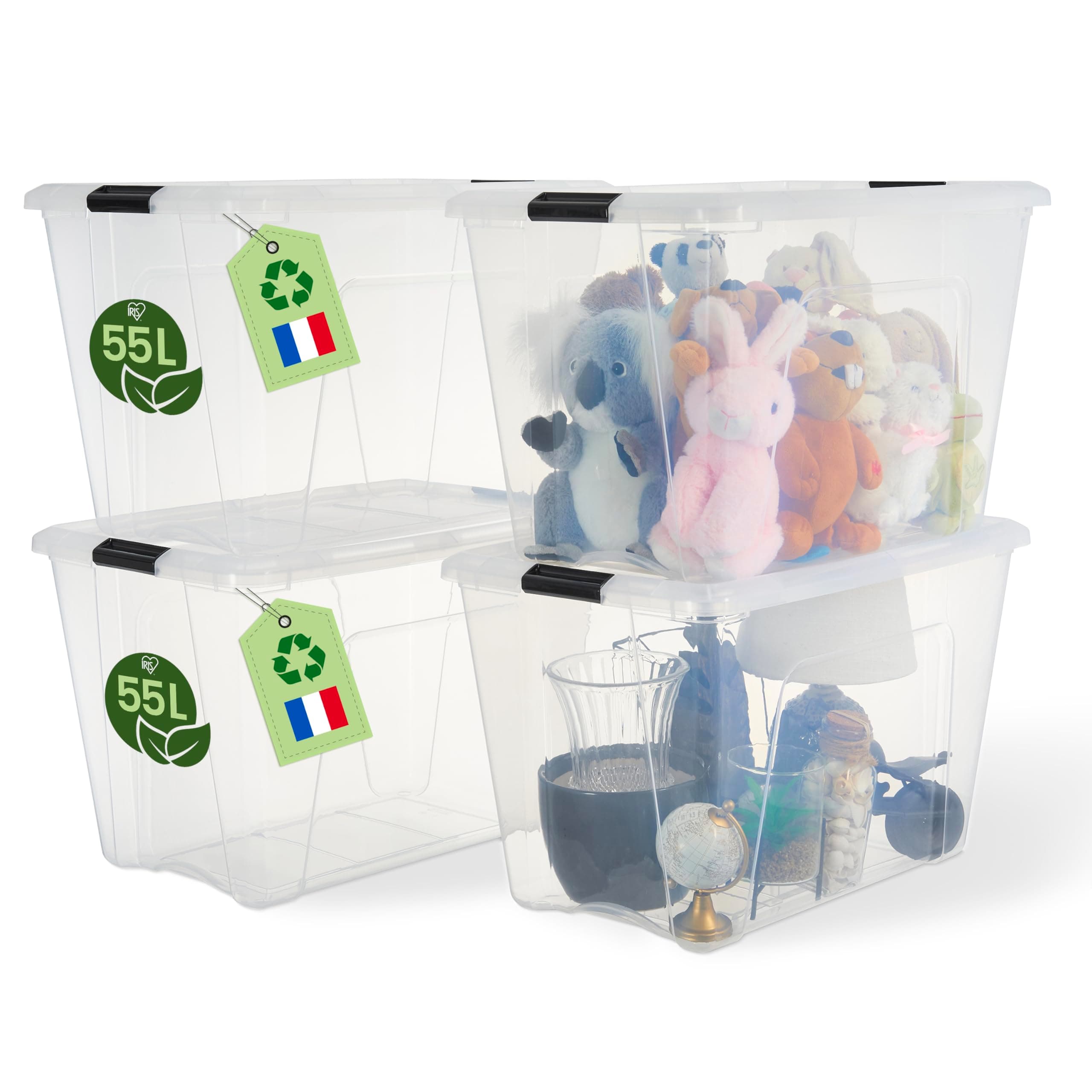 Iris Ohyama Aufbewahrungsboxen mit Deckel, 55L, 4er-Set, Transparent, Sicherer Verschluss, Stapelbar, Griffe, Schlafzimmer, Schrank, Büro, Organisation, BPA-freies Plastik, Ordnungsboxen, BSB-55