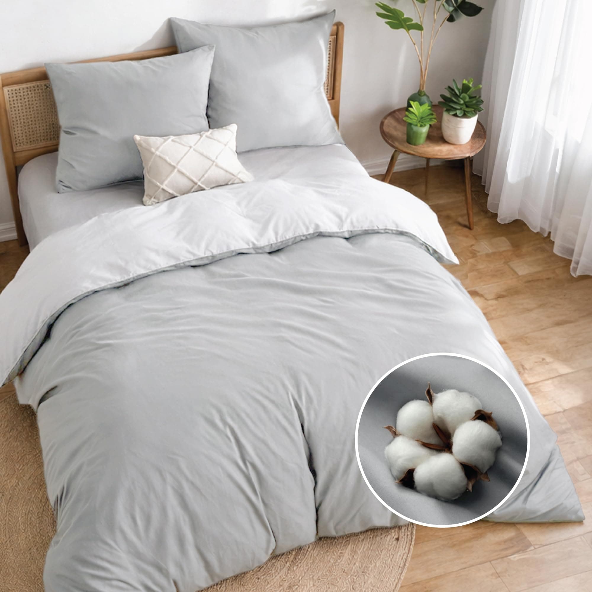Dreamzie Funda nordica Cama 180 Algodon - Funda edredon 240x260 con Cierre + 2 Fundas Almohada 65x65 - Juego de Cama Liso y Reversible - Gris Claro