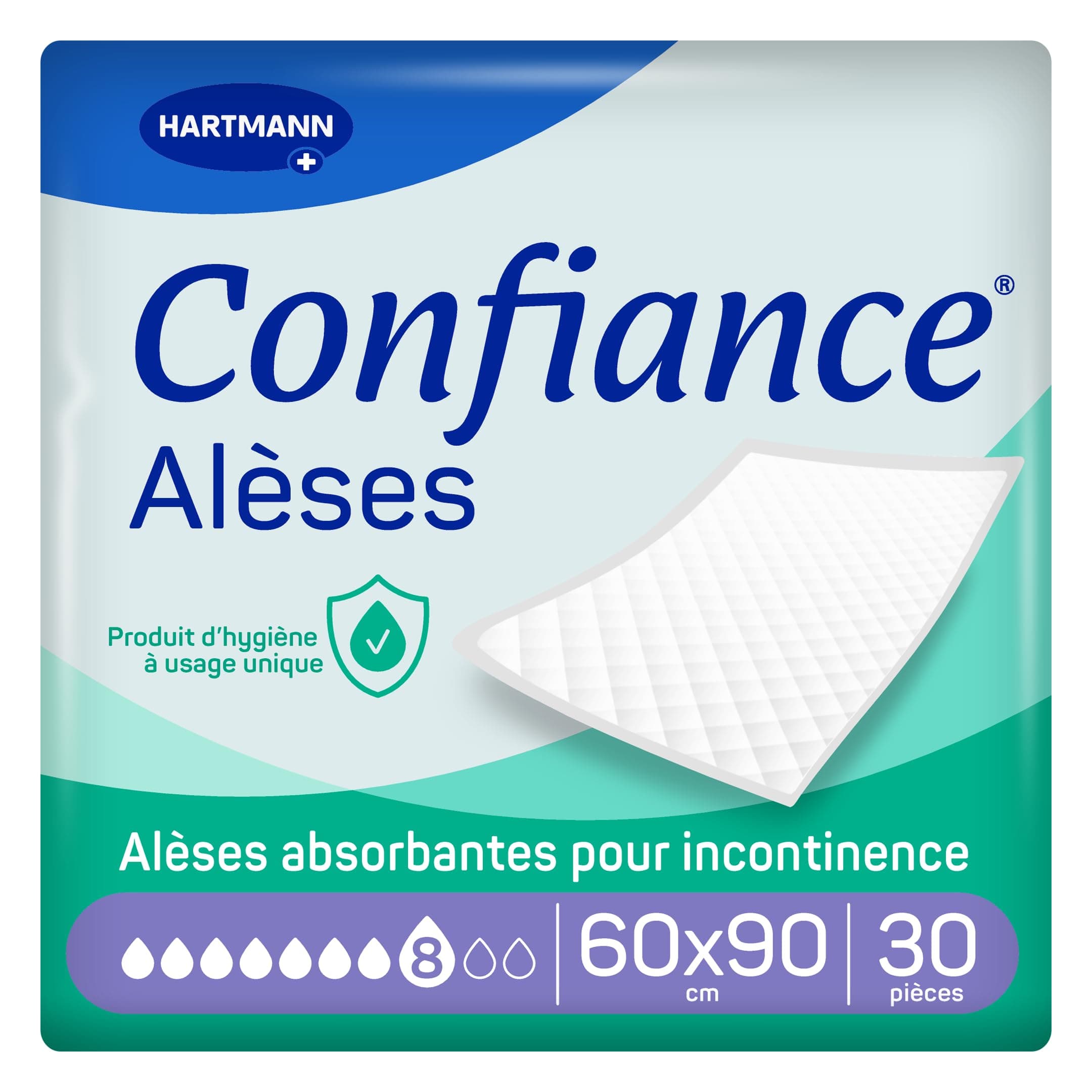Confiance® Alèse - Alèses pour la protection de la Literie ou du Fauteuil - Niveau d'Absorption = 8 gouttes - Dimensions = 60 x 90 cm - 30 unités, Packaging May Vary