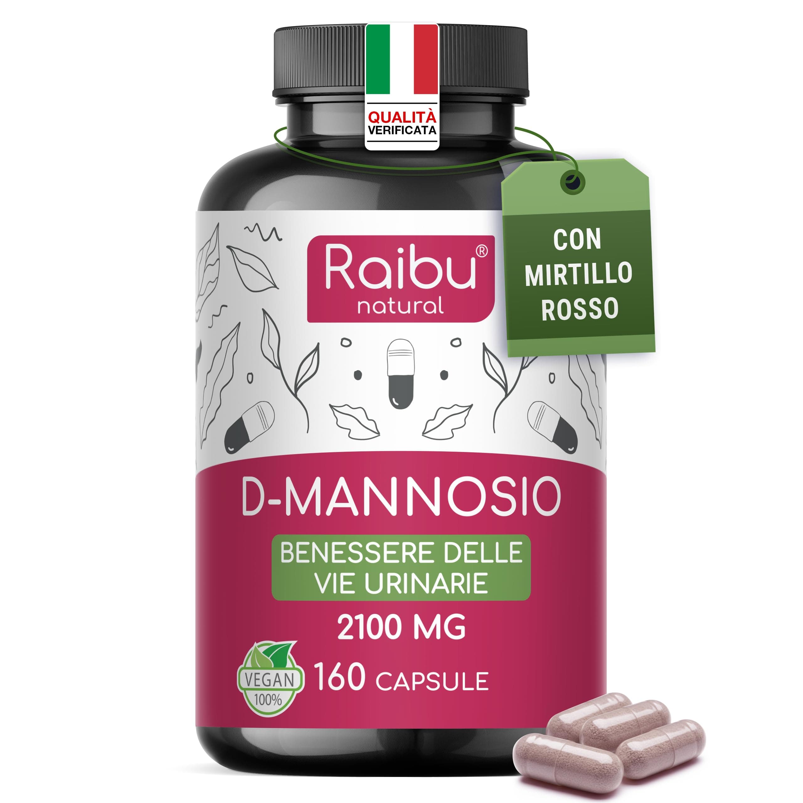 D-Mannosio PURO 2100mg, con Mirtillo Rosso I D Mannosio per Cistite I 160 Capsule I Vegan e Senza Additivi, Testato in laboratori I Integratore per Benessere e Supporto Vie Urinarie I Raibu