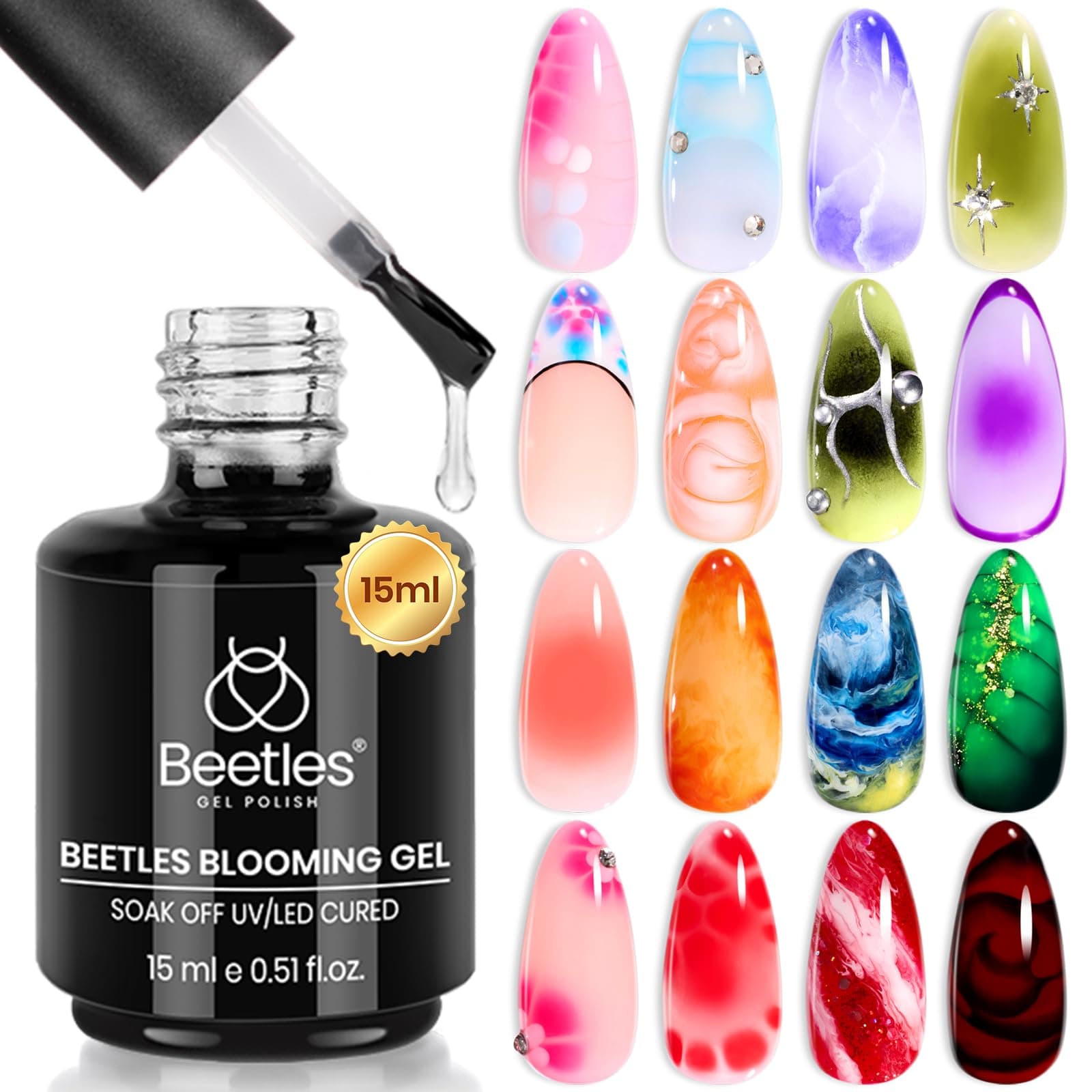 Beetles Blooming Gel, 15 ml klarer UV-Nagellack für Nailart-Design Blumen-Gel-Nagellack zum Auftragen von Effekten beim Nageldesign Maniküre Geschenk für Frauen