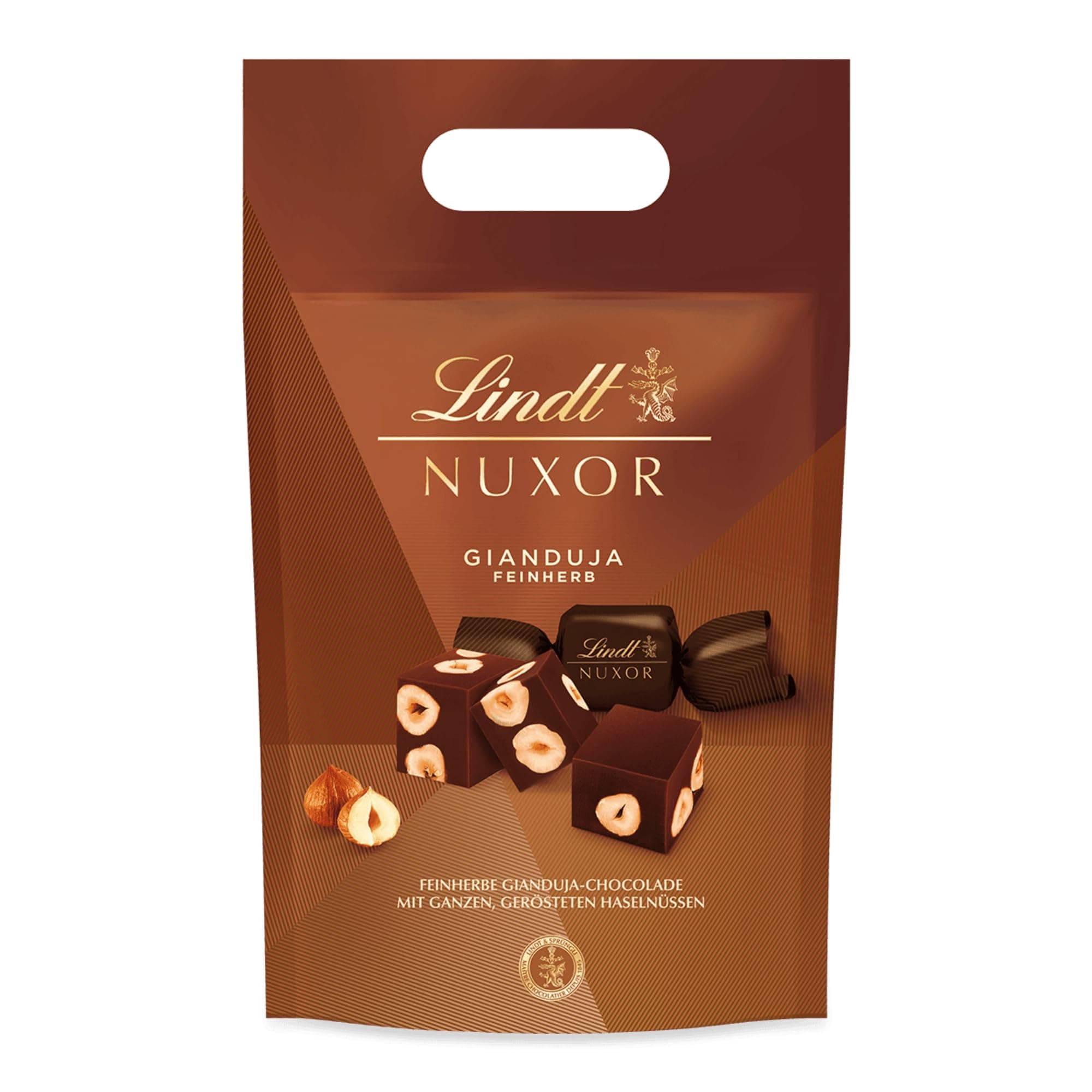 Lindt Schokolade | NUXOR Beutel XXL Feinherb | 700g | Cremige Gianduja Würfel in Zartbitter-Schokolade mit ganzen, gerösteten Haselnüssen | Schokoladen-Geschenk