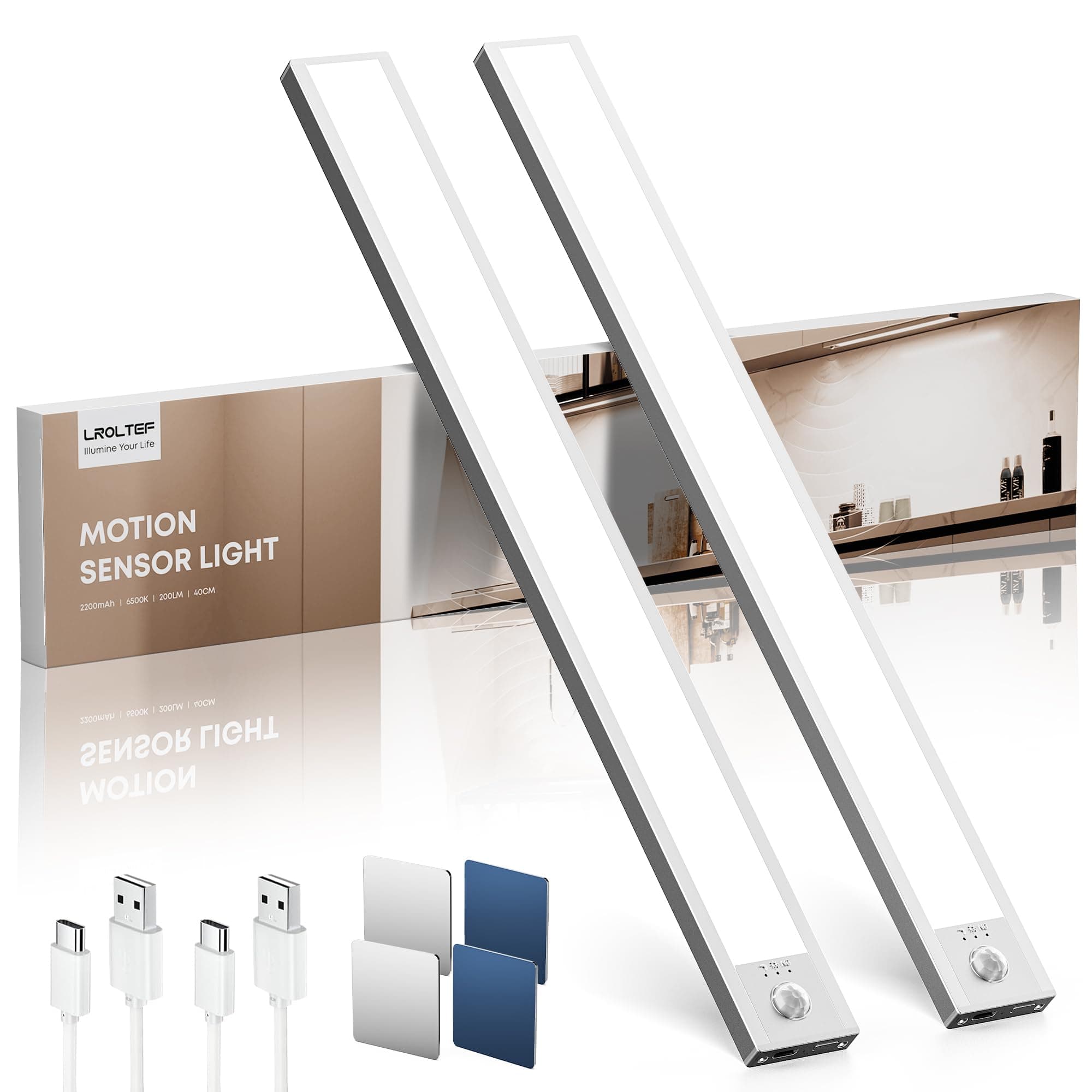 LROLTEF Reglette LED Lampe Cuisine sous Meuble avec Detecteur de Mouvement Interieur - 40CM 2200mAh Lumiere Placard sans Fil Rechargeable - Eclairage Veilleuse pour Dressing Escalier Armoire | 2 Pack