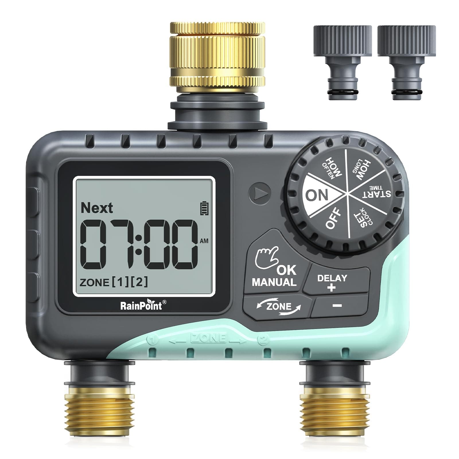 RAINPOINT Programmateur Arrosage 2 Voies, Entrée et Sortie en Laiton, Minuteur Arrosage Automatique Étanche IP65 avec Retard de Pluie/Arrosage Manuel, pour Pelouse et Jardin
