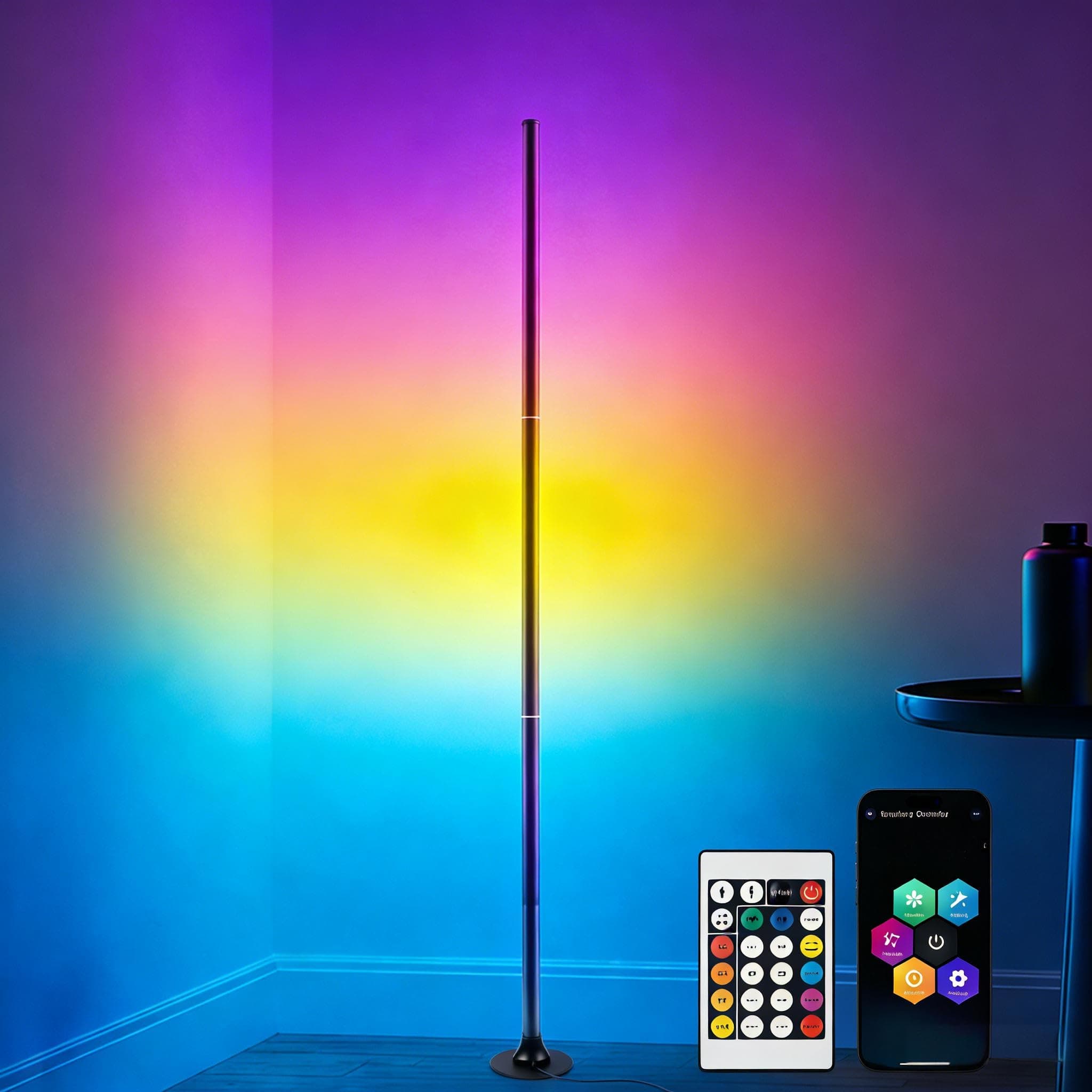 Aourow Lámpara de pie LED para salón, RGB regulable, 120 cm, con mando a distancia y aplicación, 16 millones de colores, sincronización de música y modo DIY para juegos, dormitorio, oficina