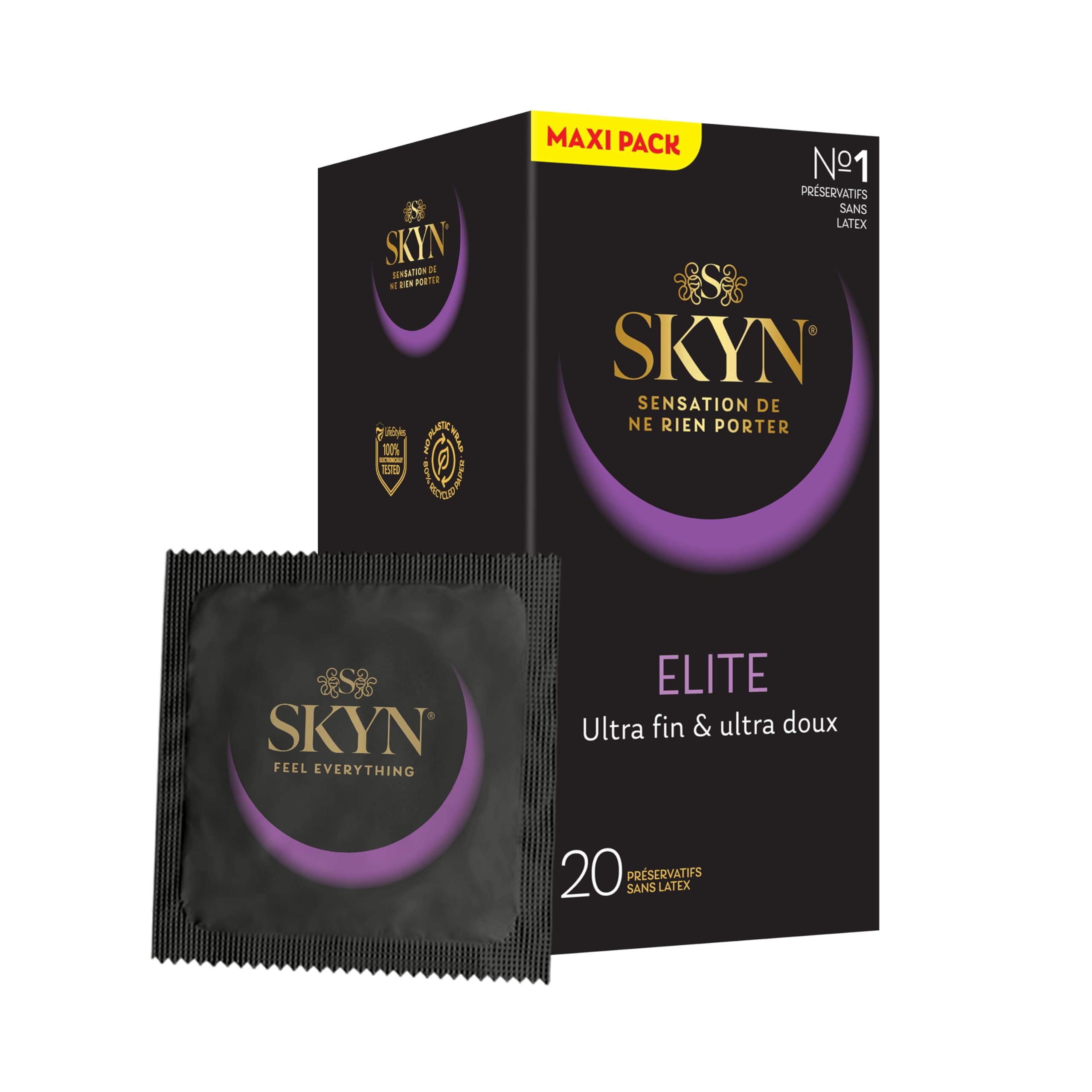 Skyn Elite : Lot de 20 Préservatifs sans latex Skynfeel pour Homme / Taille Régulière, Ultra-Fins et Doux, Forme Droite et Lisse / Largeur nominale 53mm