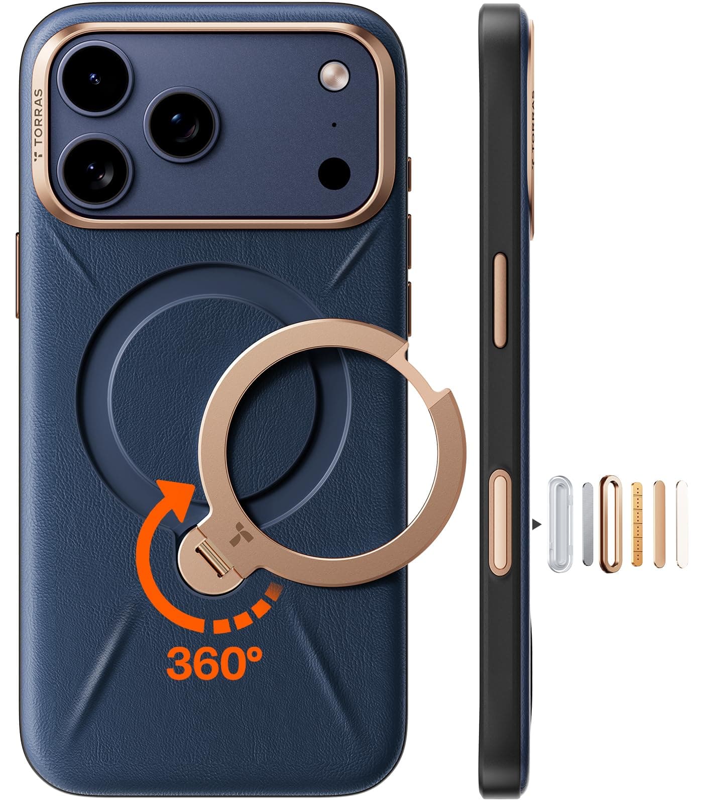 TORRAS Ostand Q3 VegSkin für iPhone 17 Pro Max Hülle (Nachhaltig Silikonleder) (360° Magnetischer Unsichtbarer Ständer) Premium Haptik Langlebig Hülle iPhone 17 Pro Max Case Edle Lederstruktur Blau