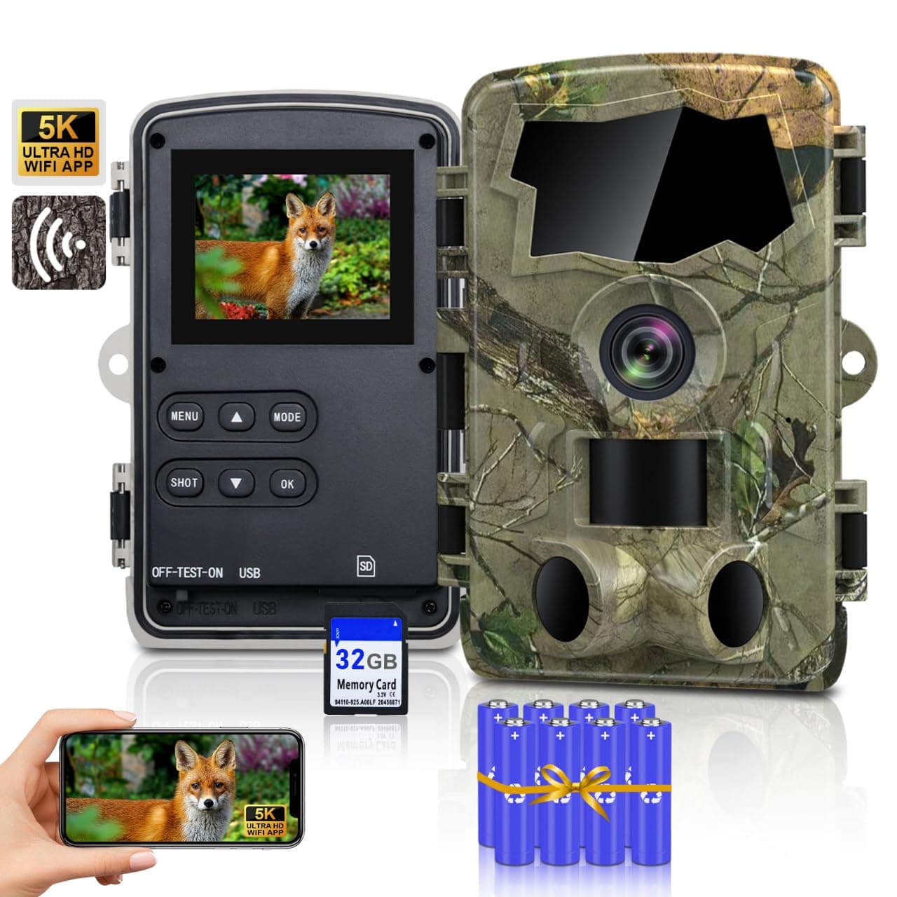 Lutranstra 5K Wildkamera WLAN, 64MP Full HD Wildkamera mit Handyübertragung App, Infrarot Wildtierkamera mit 32G SD Karte & 8*AA-Batterien, Bewegungssensor, Nachtsicht, 0,1s Auslösezeit, IP66