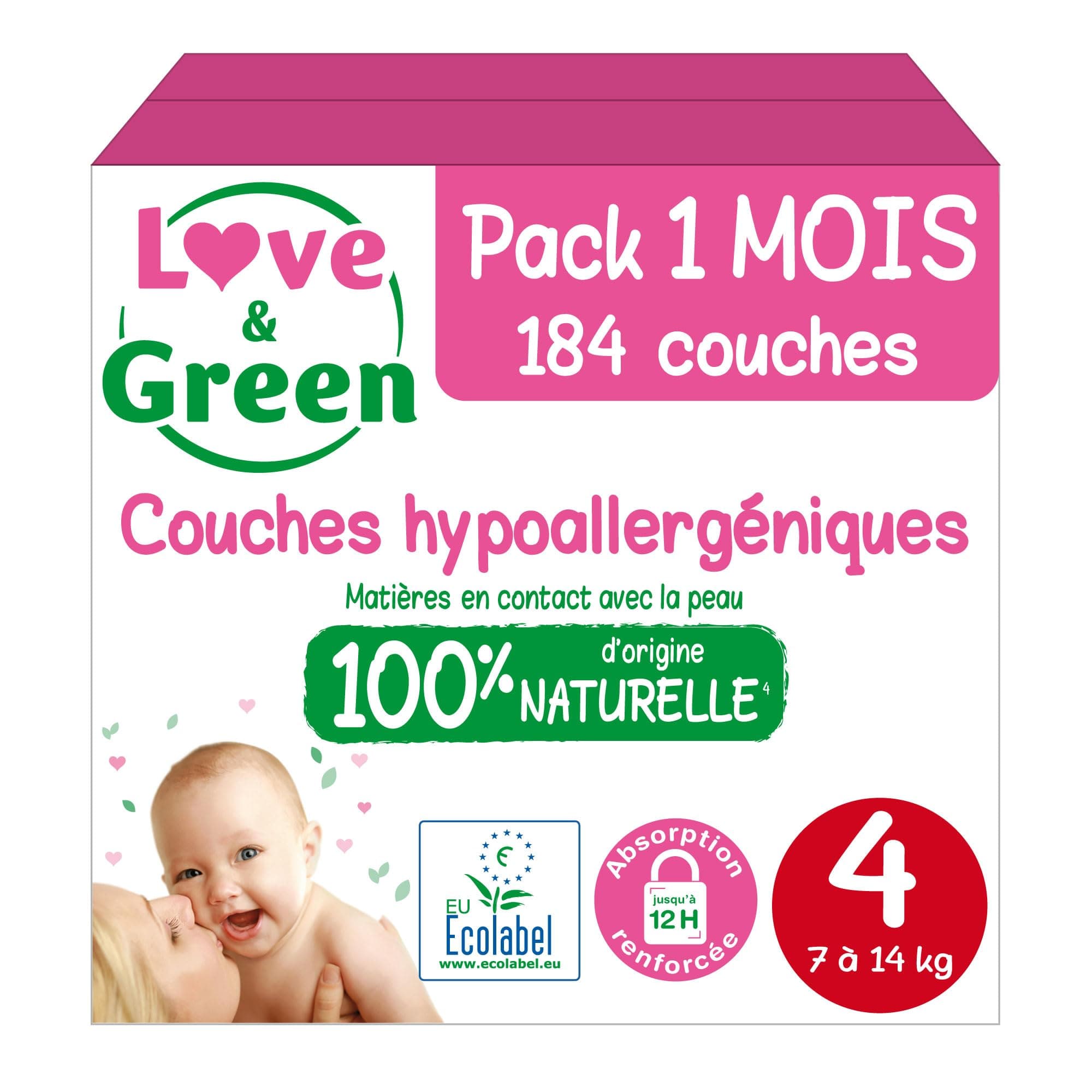 Love & Green - Couches Bébé Saines et Ecologiques - Taille 4 (7-14 Kg) - Pack 1 Mois (184 Couches) - Absorbante, anti-fuites et sans ingrédients indésirables