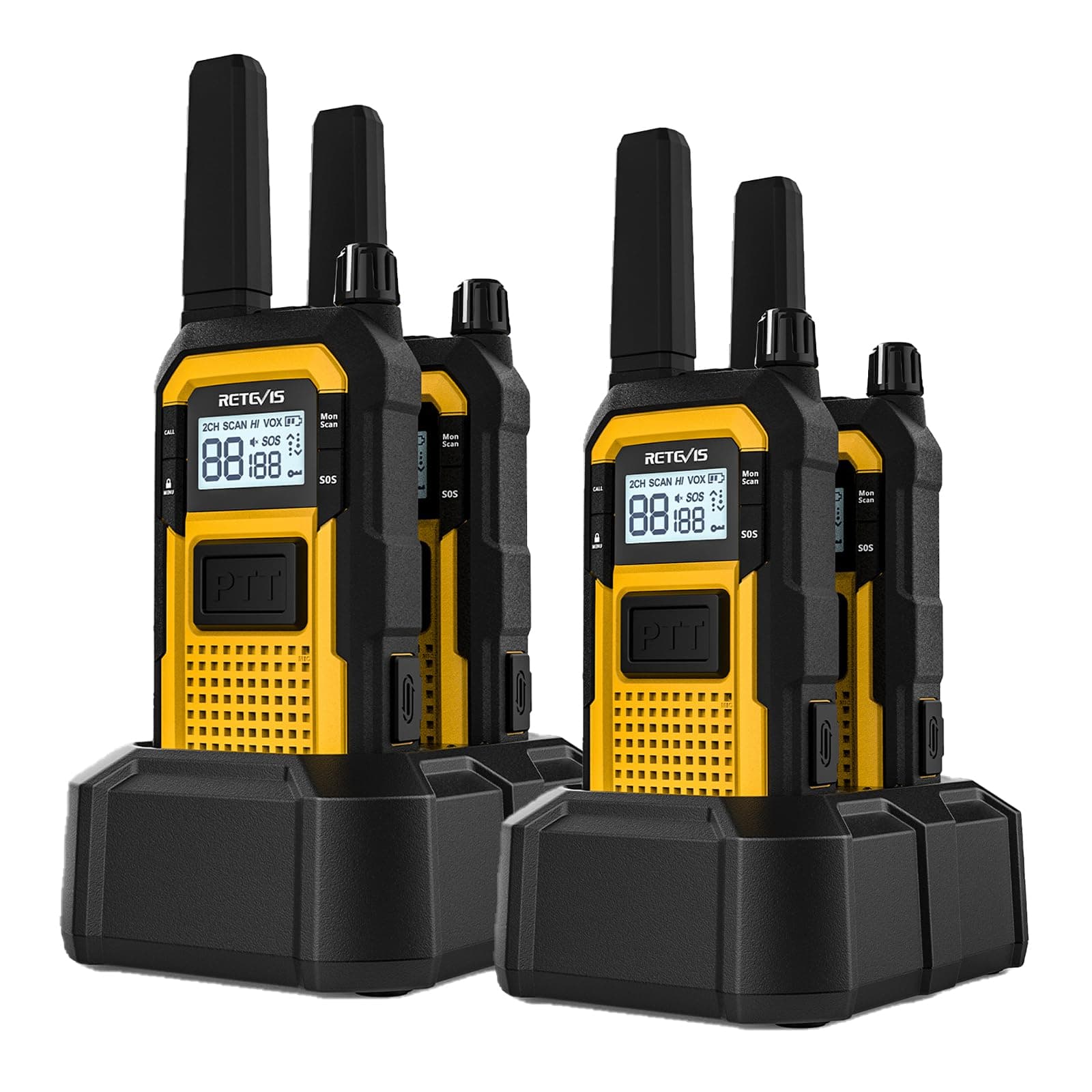 Retevis RB648 Talkie-walkie Robustes, Radio Bidirectionnelle Étanche IP67, 2000mAh Rechargeable, Double PTT, Alarme d'urgence, Triple Protection Avancée pour Industries Lourdes (4 Pièces, Jaune)