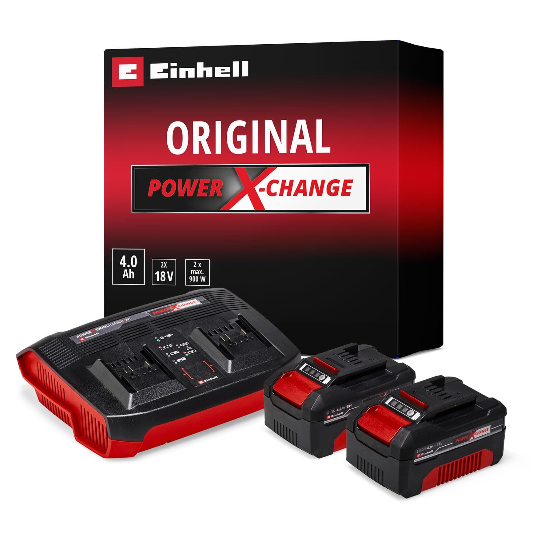 Originale Einhell Starter kit 2 batterie da 4,0 Ah e Twincharger Power X-Change (Li-Ion, 18 V, 75 minuti di ricarica, adatto a tutti i dispositivi Power X-Change)