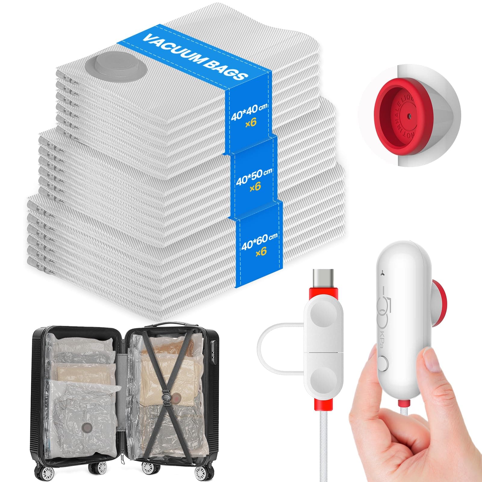 Vacbird Sacchetti sottovuoto per vestiti con pompa USB compatta, 18 sacchetti per vestiti da viaggio (sigillo sottovuoto più forte | USB-A/C | leggeri), ideali per viaggi, conservazione e traslochi