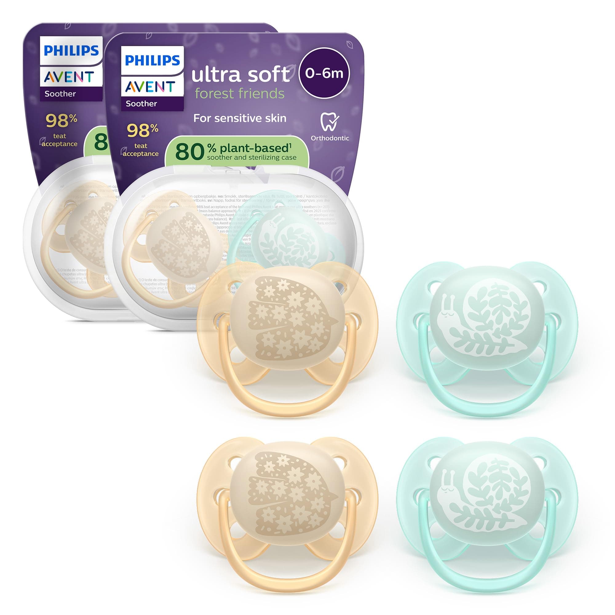 Philips Avent ultra soft Schnuller – kiefergerecht geformtes Design, für Babys von 0–6 Monaten, flexibles Saugerschild, symmetrischer Silikonsauger, BPA-frei, 4er-Pack, SCF091/49