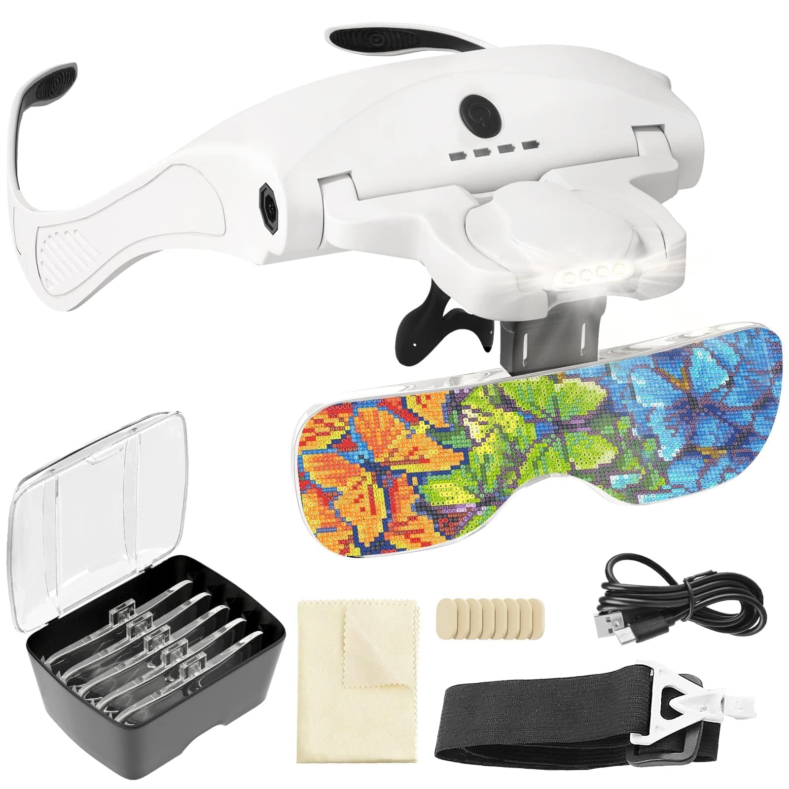 ARTDOT Gafas Lupa con luz led para Manualidades, con 5 Lentes reemplazables y 4 Leds de Brillo Ajustable, Ideal para Diamond Painting, Pintura de Diamante, Kits Adultos y Accesorios