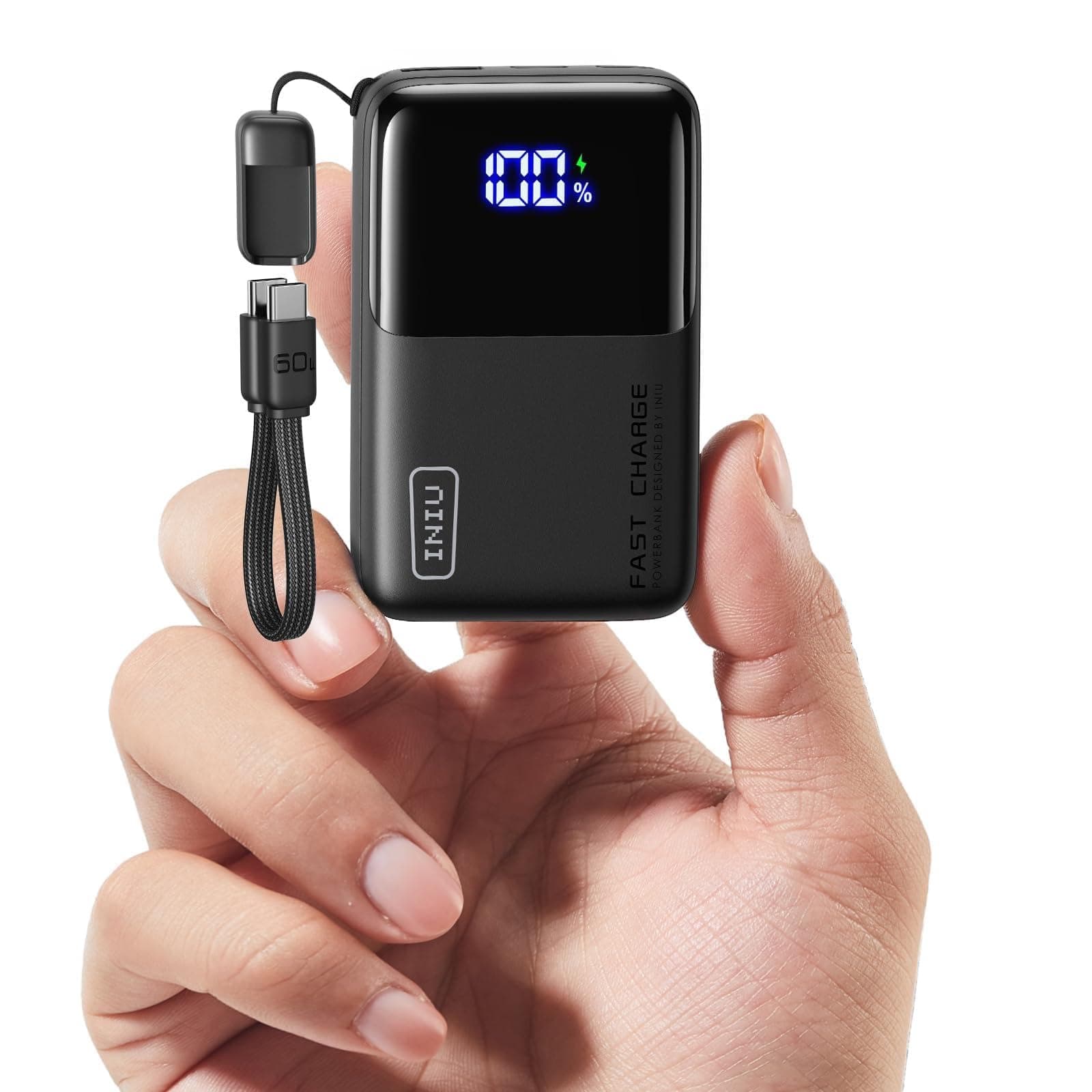 INIU Power Bank, Ultra Mini 10000mAh 45W Schnellladen Externe Handyakkus | Angebrachtem USB C Kabel, Flugtauglich, Reise-Essential, Externe Handyakkus für iPhone 17 16, Samsung S26, Xiaomi, iPad etc