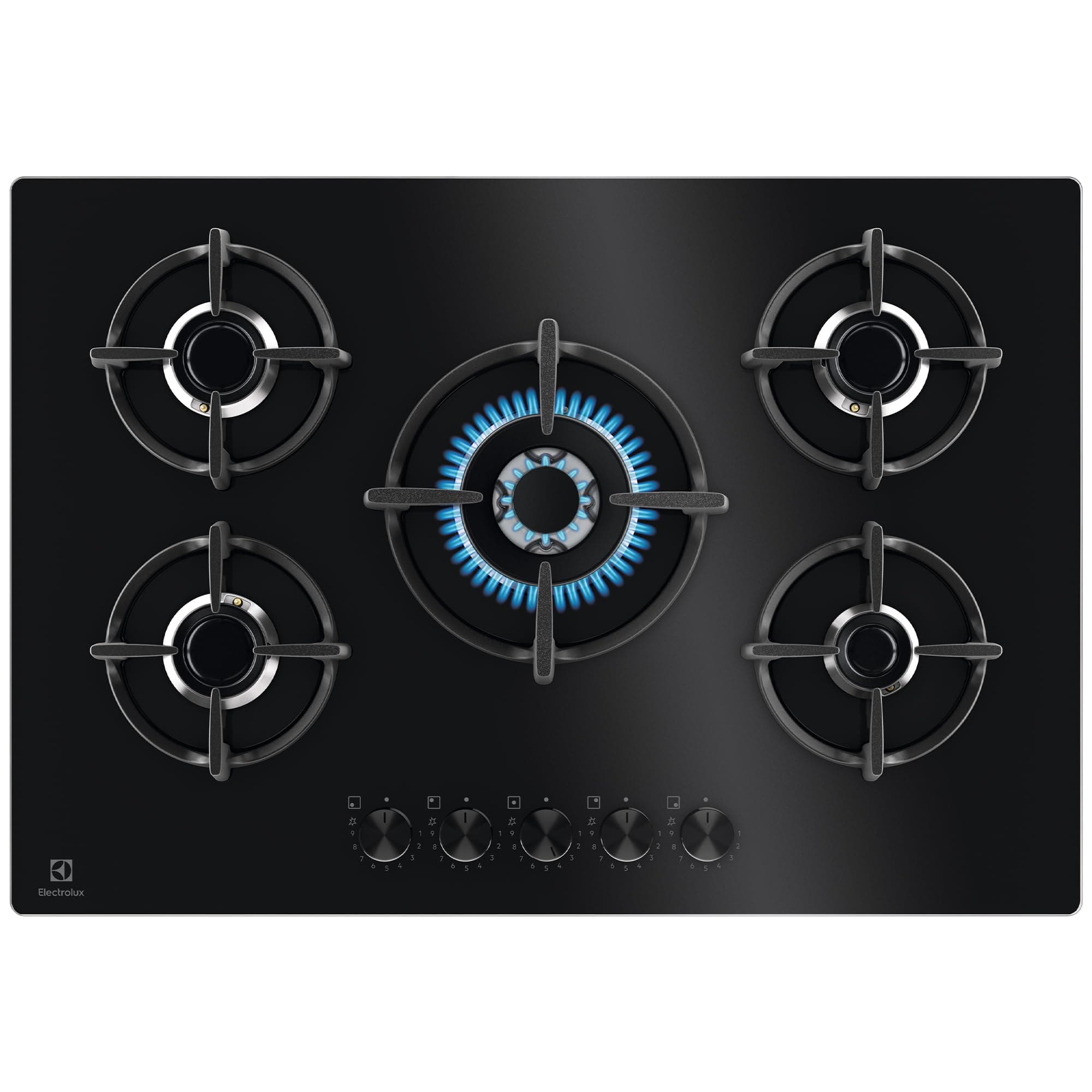 Electrolux Piano Cottura Gas EGG75372K Serie 600, Gas on Glass 75 cm da Incasso, 5 Fuochi, Bruciatore Rapido, Bruciatore Wok, Precisa Regolazione della Fiamma, Sicurezza Sicurgas, 740x510, Nero