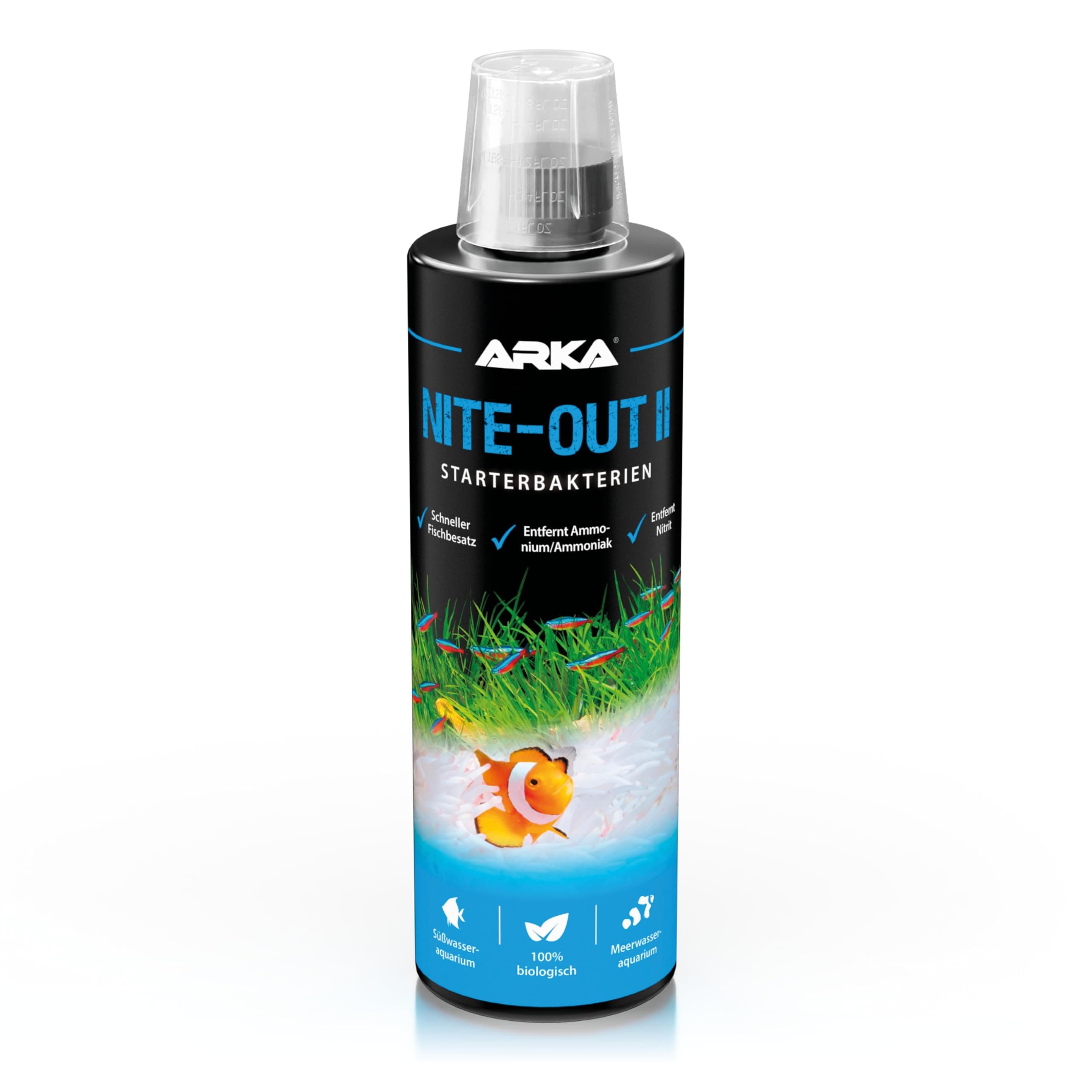 Aquarium Starterbakterien 473 ml – für Einlaufphase, Neustart, Wasserwechsel & Fischbesatz – baut Ammonium und Nitrit schnell biologisch ab – ARKA Nite-Out II