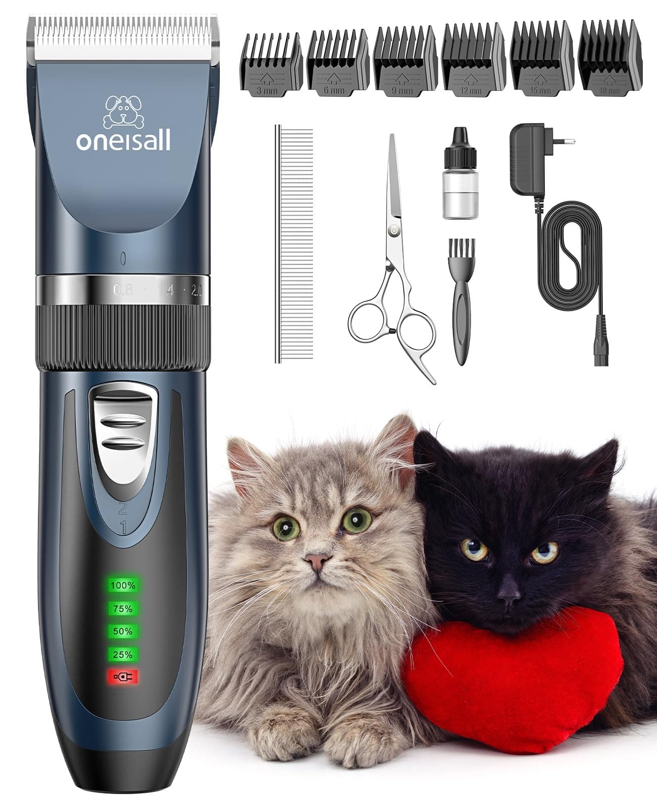 oneisall Tondeuse pour chats pour les poils emmêlés, Kit de toilettage pour chats à 2 vitesses, Tondeuse à cheveux sans fil et silencieuse pour chiens et chats (Bleu)