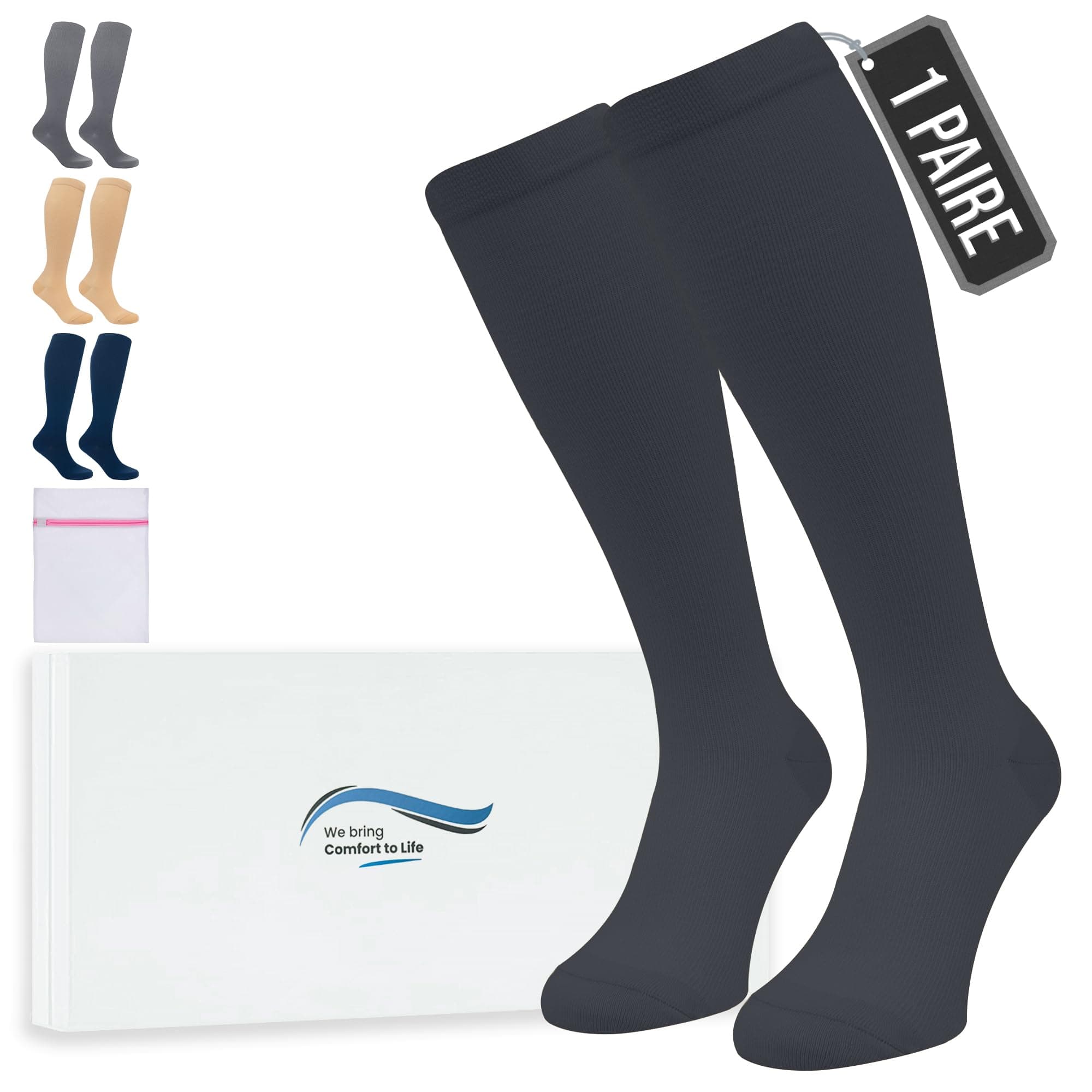 360 Relief Bas de Contention - 1 Paire Couleur Unie Chaussettes de Compression Femme et Homme - Idéales pour Vols, Voyages et Sports - L/XL Noir avec sac de lavage en maille