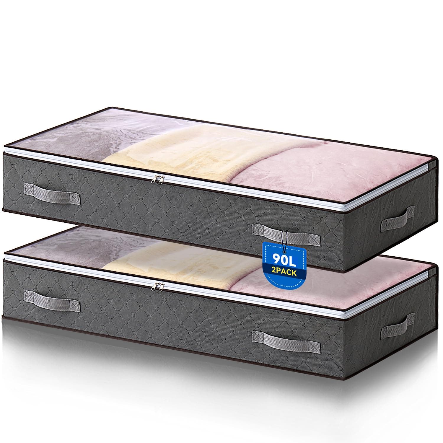 AIOR 2 Piezas 90L Bolsas Almacenaje Ropa Debajo de la Cama, Cajas Almacenaje de Gran Capacidad con Ventana Transparente, Cama Organizador Armario para Ropa Mantas Edredones, 100x50x18cm