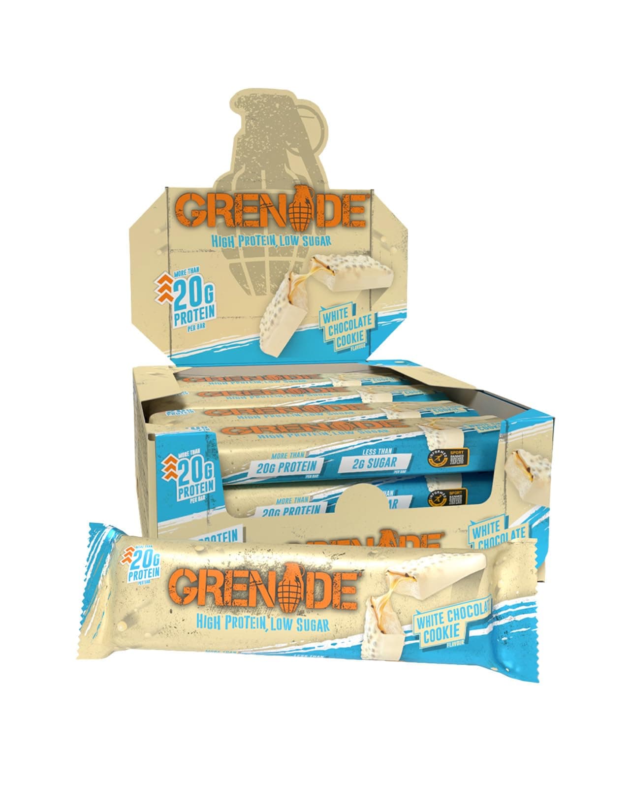 Grenade Barre Hyperprotéinée à Faible Teneur en Glucides - White Chocolate Cookie, 12 x 60 g (L'emballage peut varier)