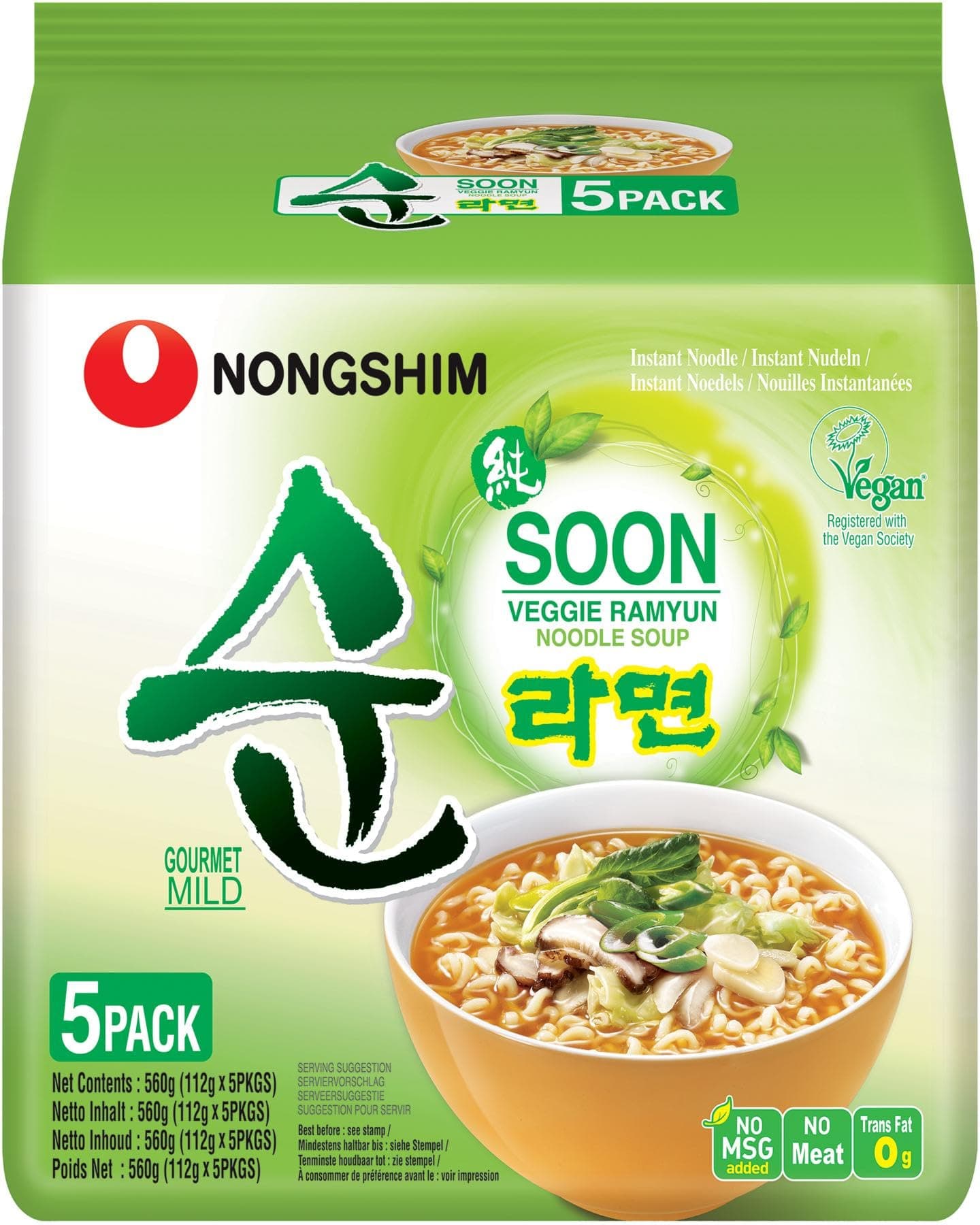 Nong Shim Instantnudeln Soon Veggie Ramyun – Koreanische Gemüse Ramen Suppe mild - schnelle Zubereitung – 1er Multipack - 5 x 120g